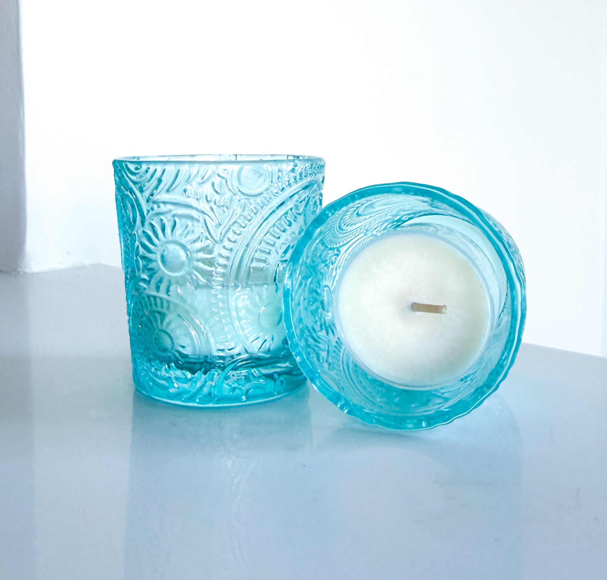 2 votive tealight candle set, beach scented, random sents, blue votive decorative glass vessel