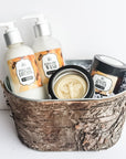 Amber and honey gift set includes hand and body lotion, hand and body wash, body butter, and lotion bar. All amber and honey scented. All natural gift set.