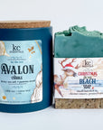 Avalon christmas beach gift set includes handcrafted christmas on the beach soap bar, 5.5 ounces, Avalon candle, 12 ounces, scented with briny sea salt and jasmine musk.