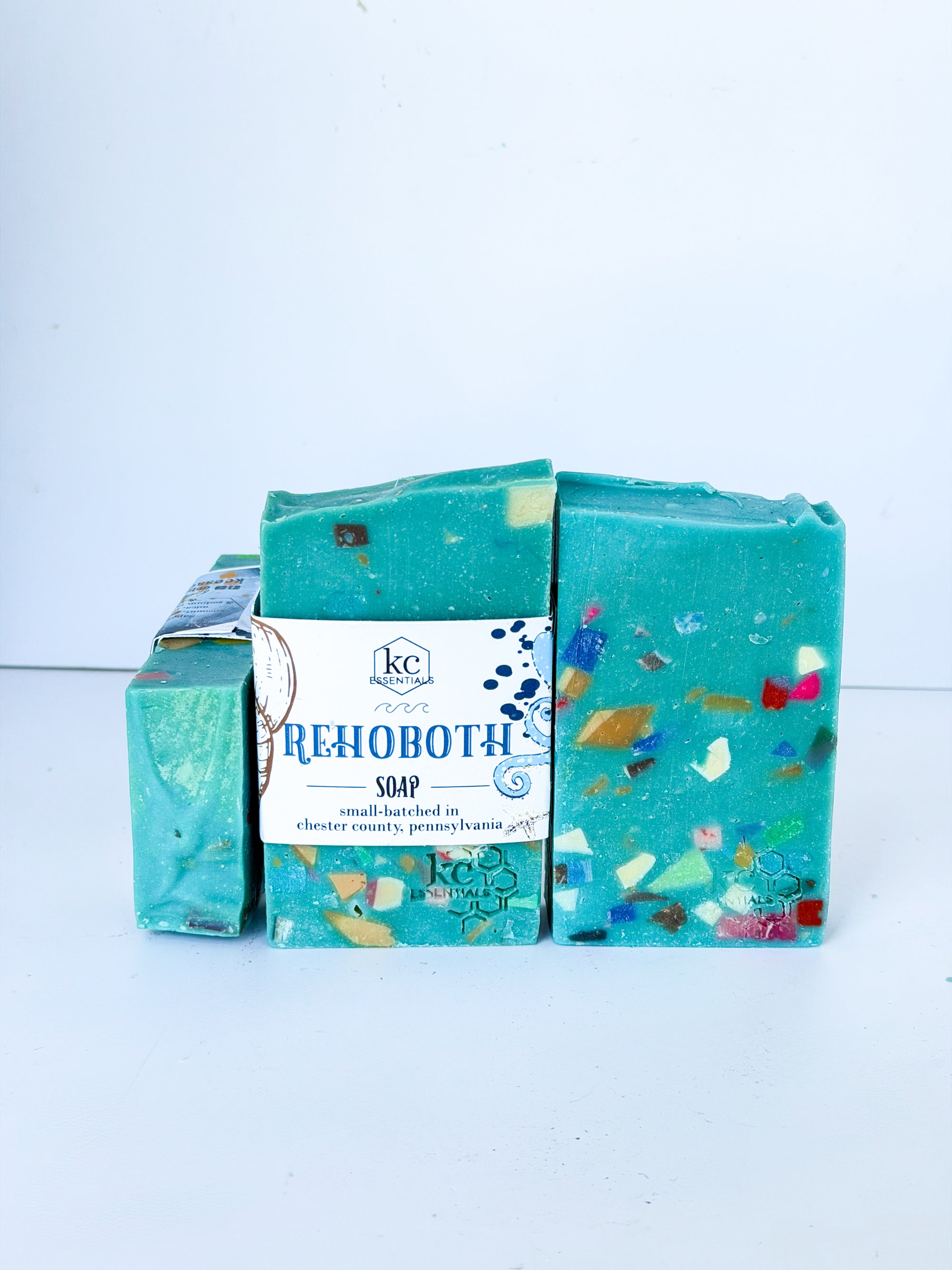 handcrafted bars of soap with different beach town names of delaware, new jersey, and maryland beaches. made with all natural ingredients