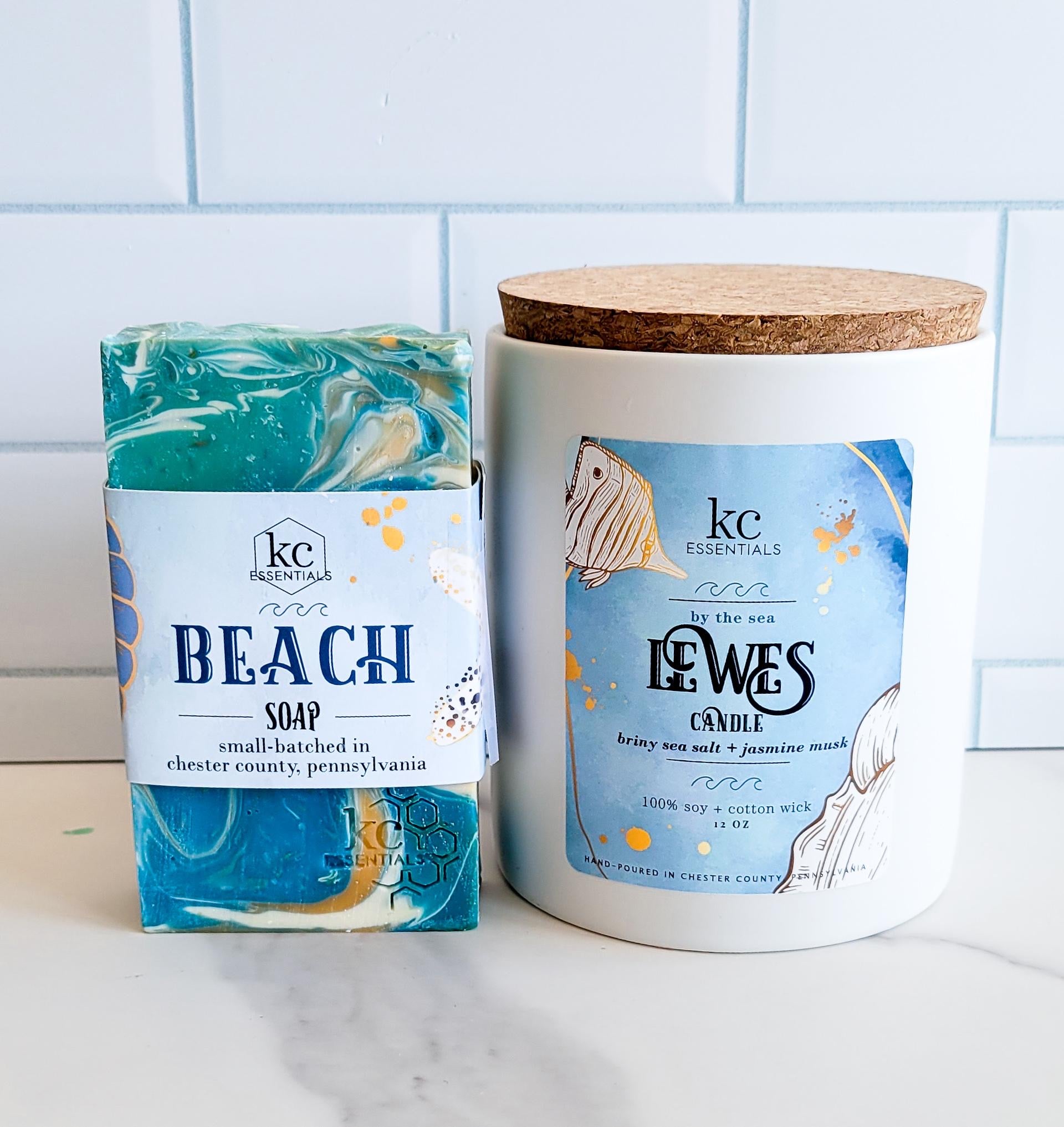 Includes all-natural, handcrafted beach bar soap and Lewes beach 12 ounce soy candle, Scented with briny sea salt and jasmine musk.