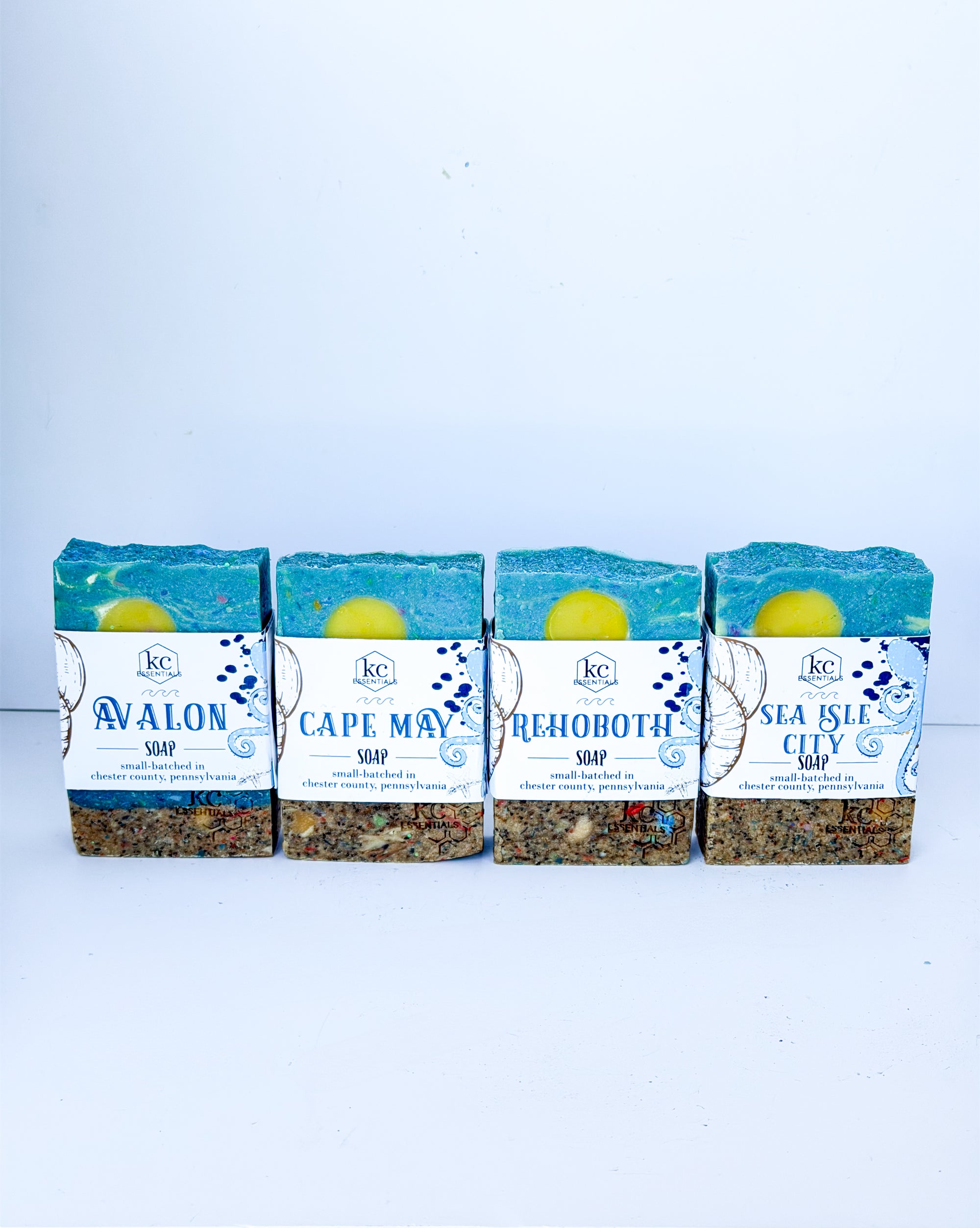 handcrafted bars of soap with different beach town names of delaware, new jersey, and maryland beaches. made with all natural ingredients