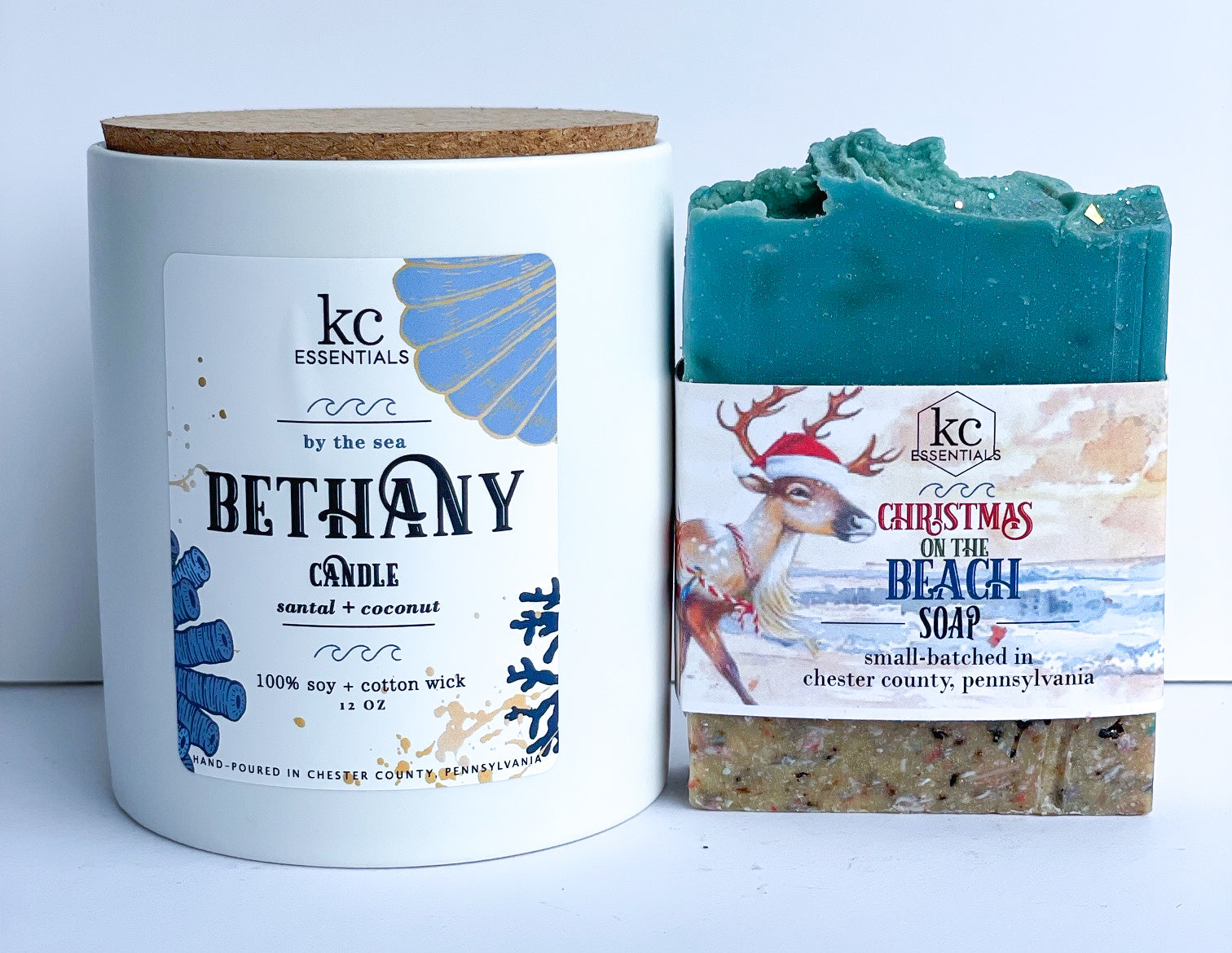 Bethany christmas beach gift set includes handcrafted christmas on the beach soap bar, 5.5 ounces, Bethany candle, 12 ounces, scented with santal and coconut.