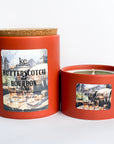 Butterscotch and Bourbon soy candle, 100 percent soy and cotton wick candle, 12 ounces and 6 ounces, orange color vessel.