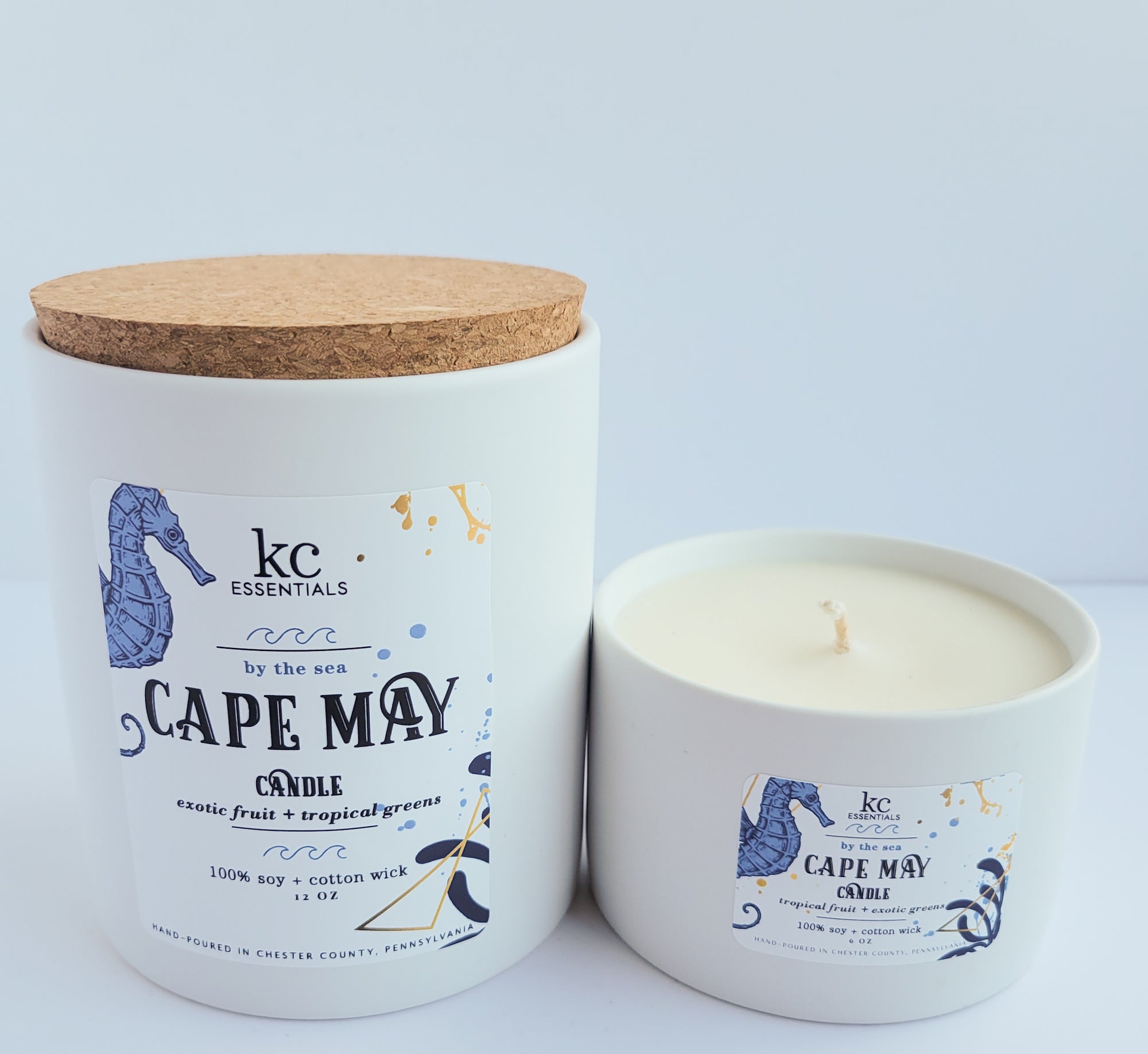 Cape may beach 12 ounce candle made with 100 percent soy, includes cork lid.