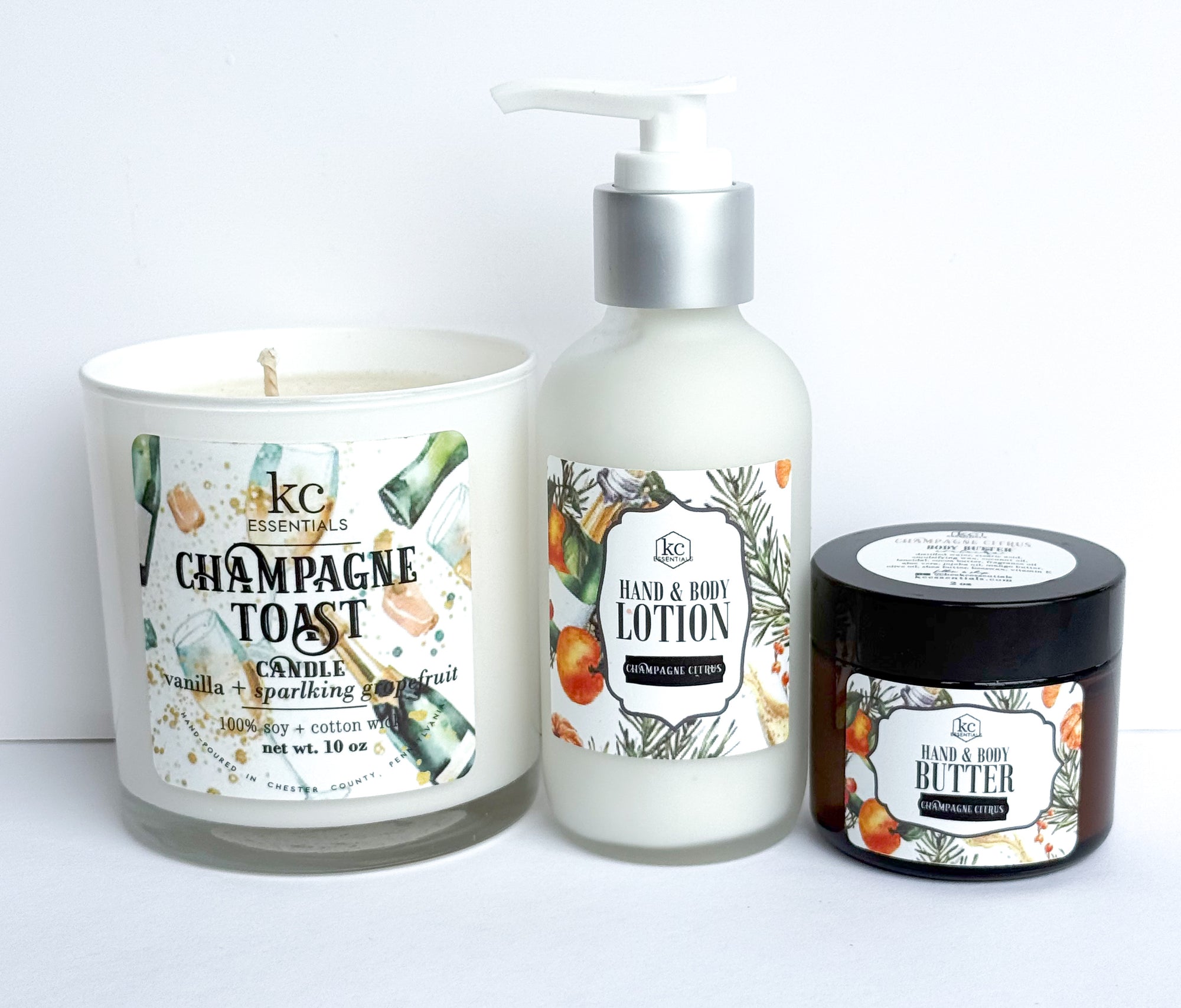 Champagne citrus set includes 10 ounce candle, hand and body butter, and lotion. Champagne citrus scented. 