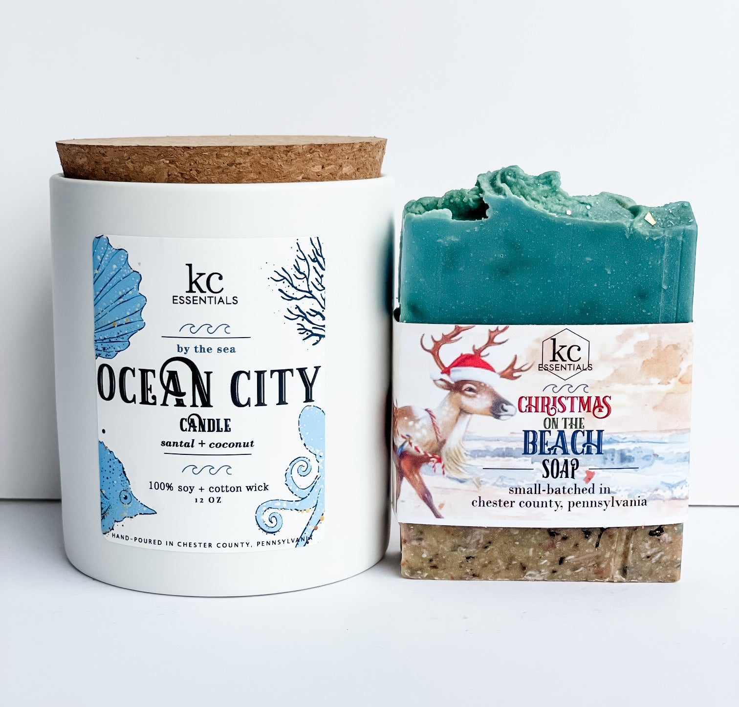 Ocean City christmas beach gift set includes handcrafted christmas on the beach soap bar, 5.5 ounces, Ocean City candle, 12 ounces, scented with santal and coconut.