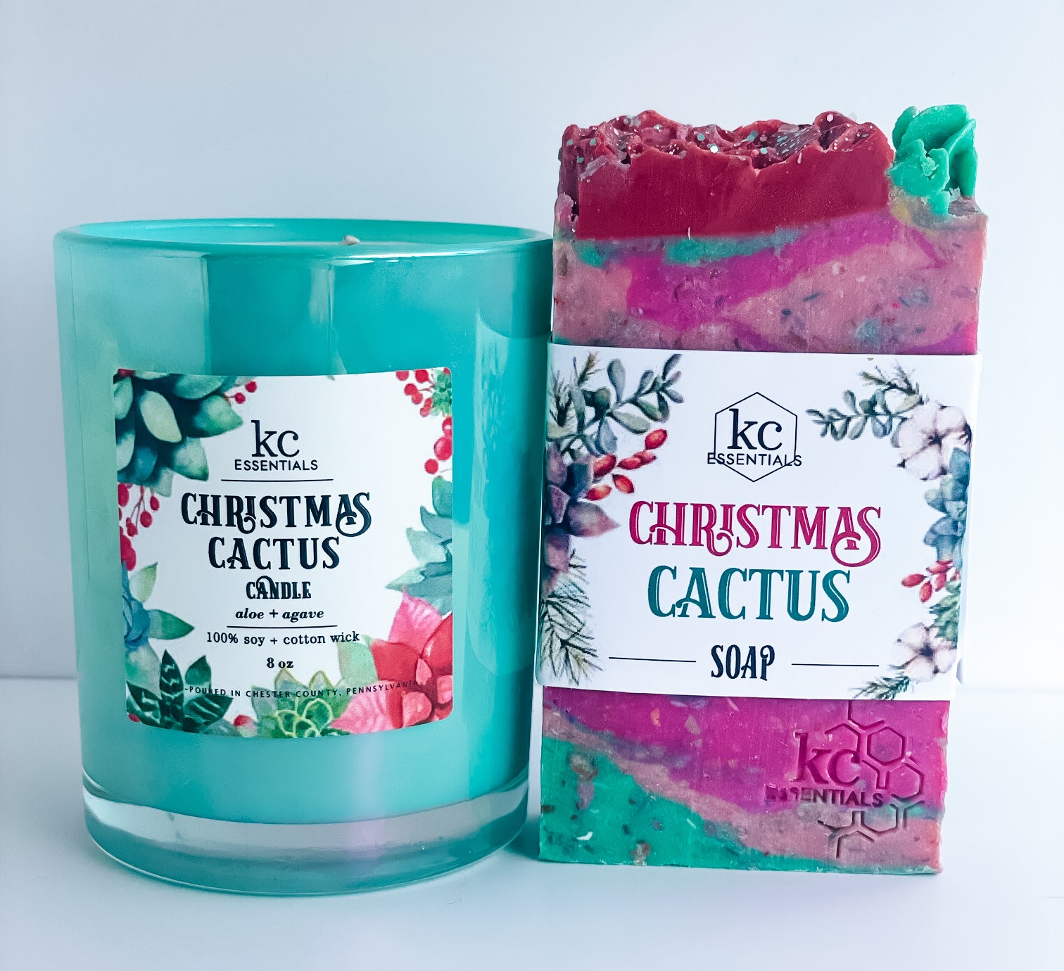 Christmas Cactus gift set includes 100 percent soy 8 ounce christmas cactus candle, and christmas cactus handcrafted soap bar.