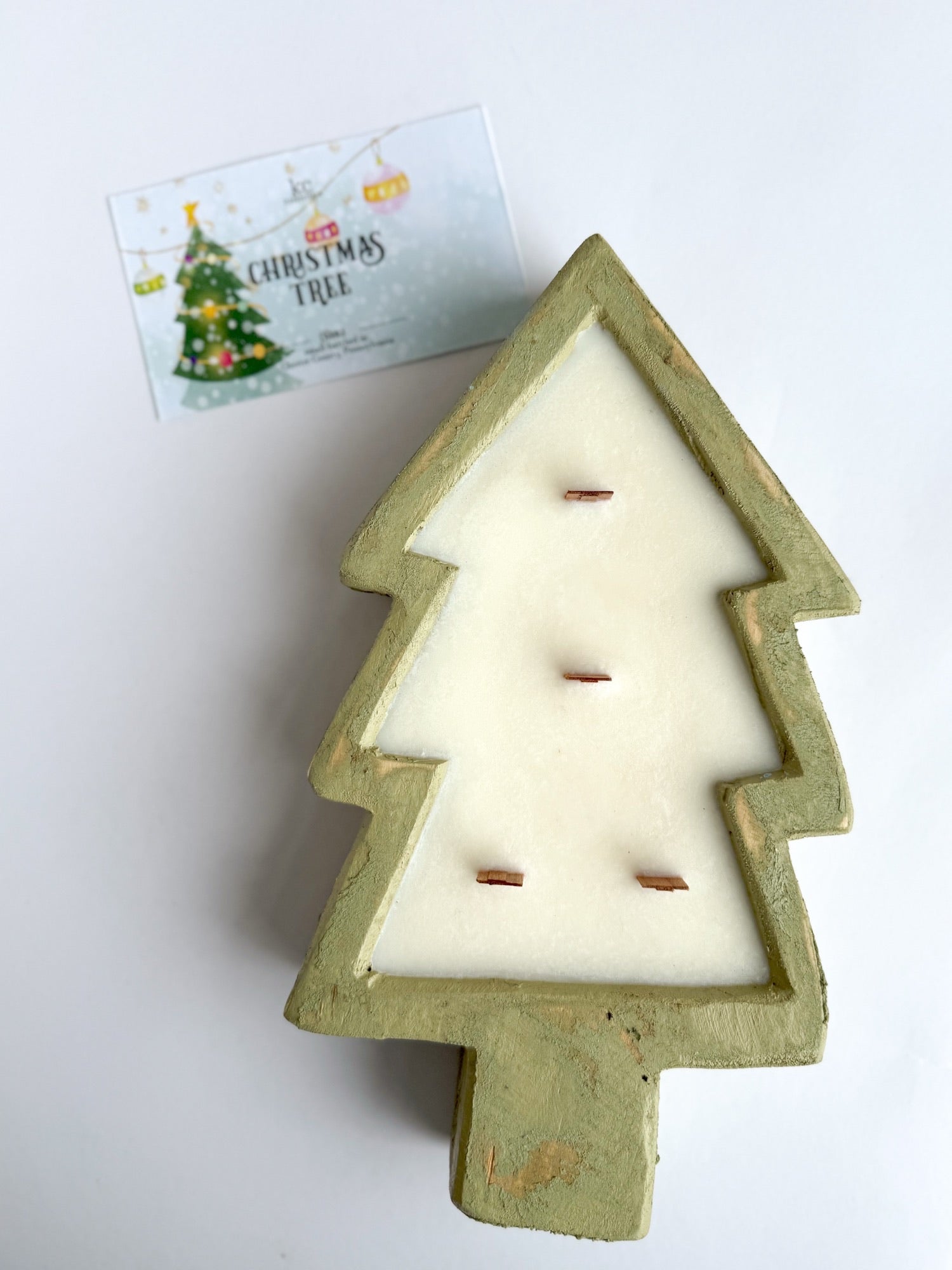 Christmas tree wooden wick dough bowl, 100 percent soy candle, green christmas tree shaped dough bowl.