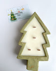 Christmas tree wooden wick dough bowl, 100 percent soy candle, green christmas tree shaped dough bowl.