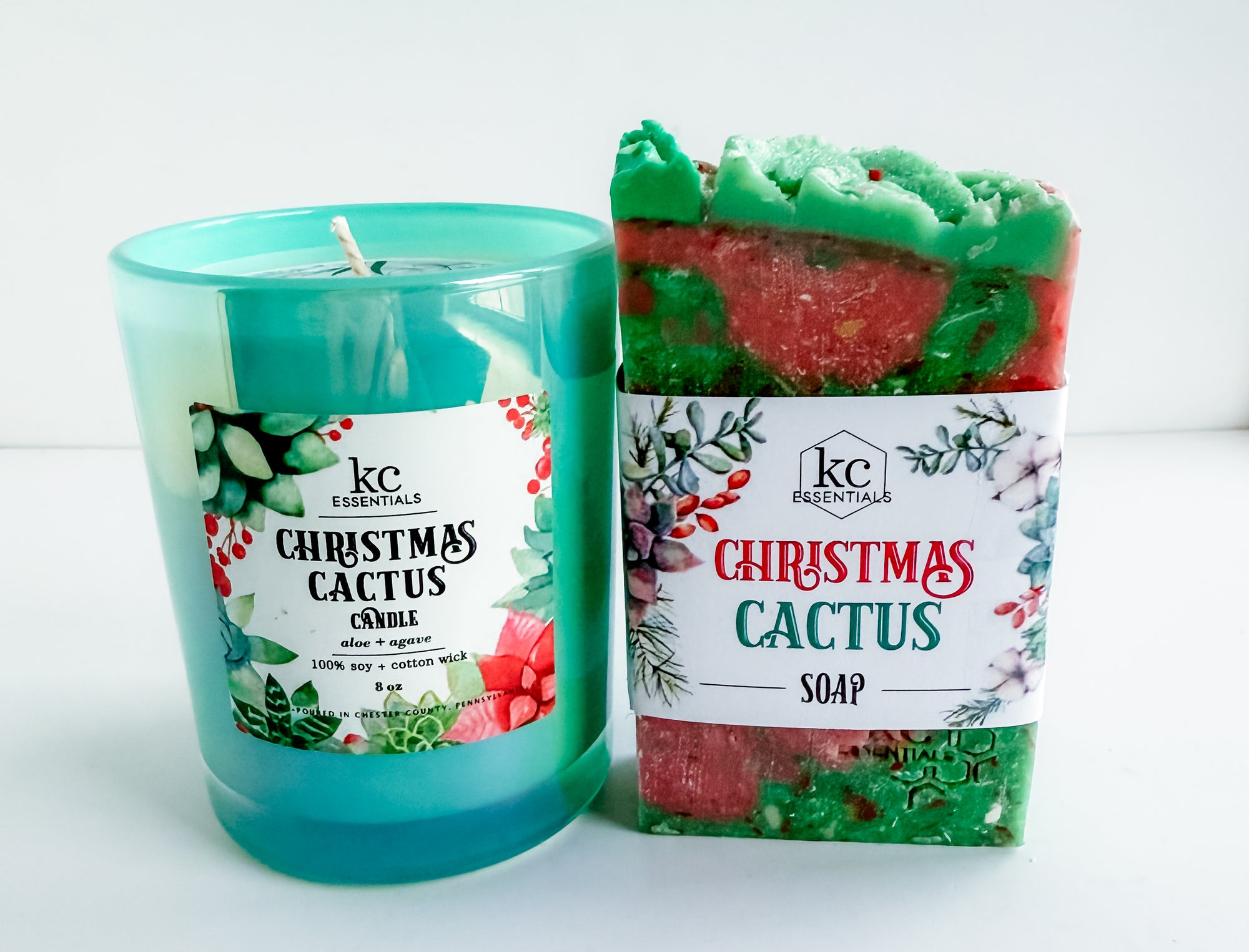 Christmas Cactus candle and soap set with green and red design on a white background, christmas soap, christmas candle, holiday spirit, gift ideas, gift set, soap and candle gift set, festive