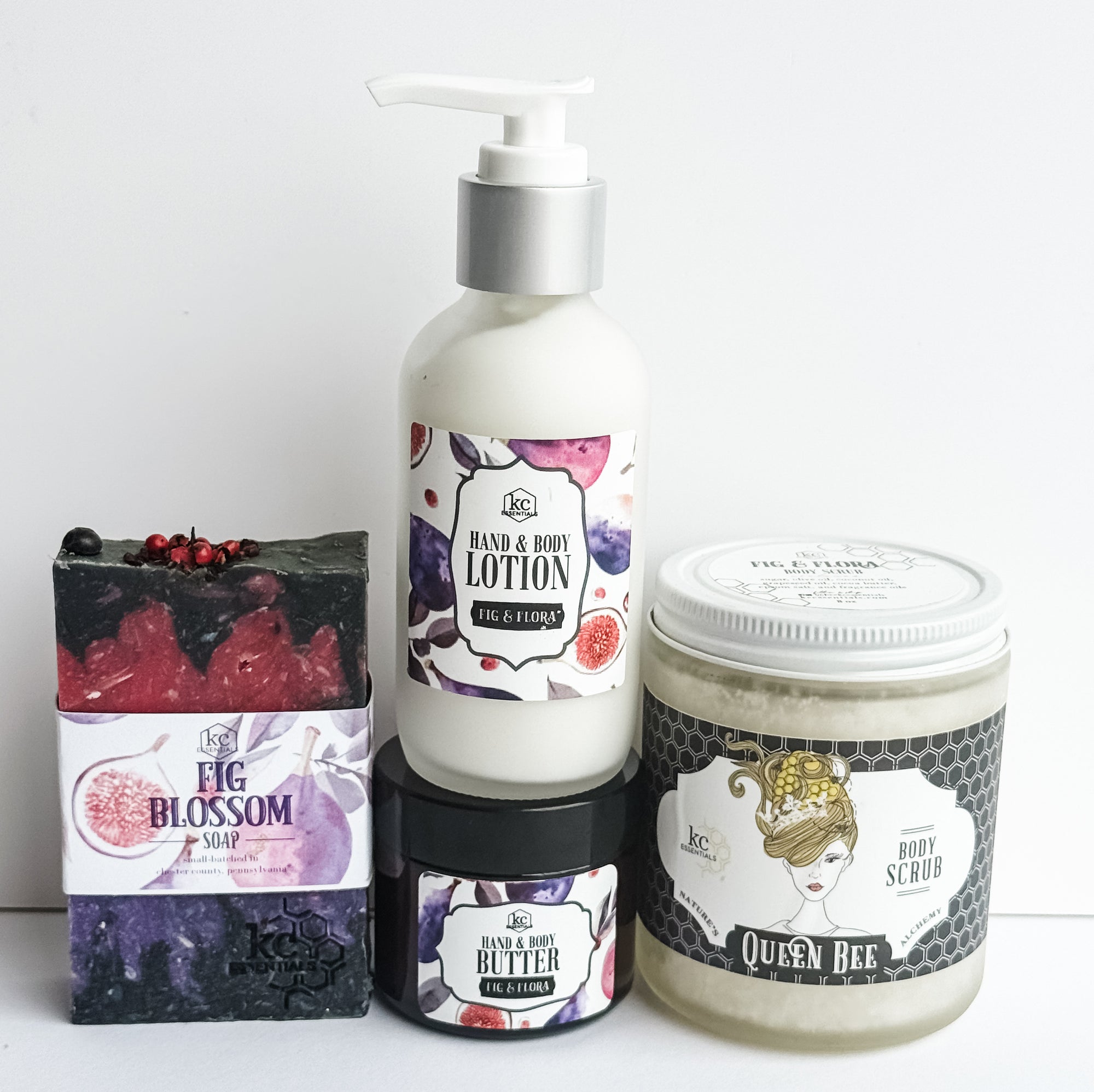 Fig Blossom gift set includes fig blossom handcrafted soap, hand and body lotion, hand and body butter, and body scrub. All fig scented. All natural gift set.