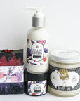 Fig Blossom gift set includes fig blossom handcrafted soap, hand and body lotion, hand and body butter, and body scrub. All fig scented. All natural gift set.