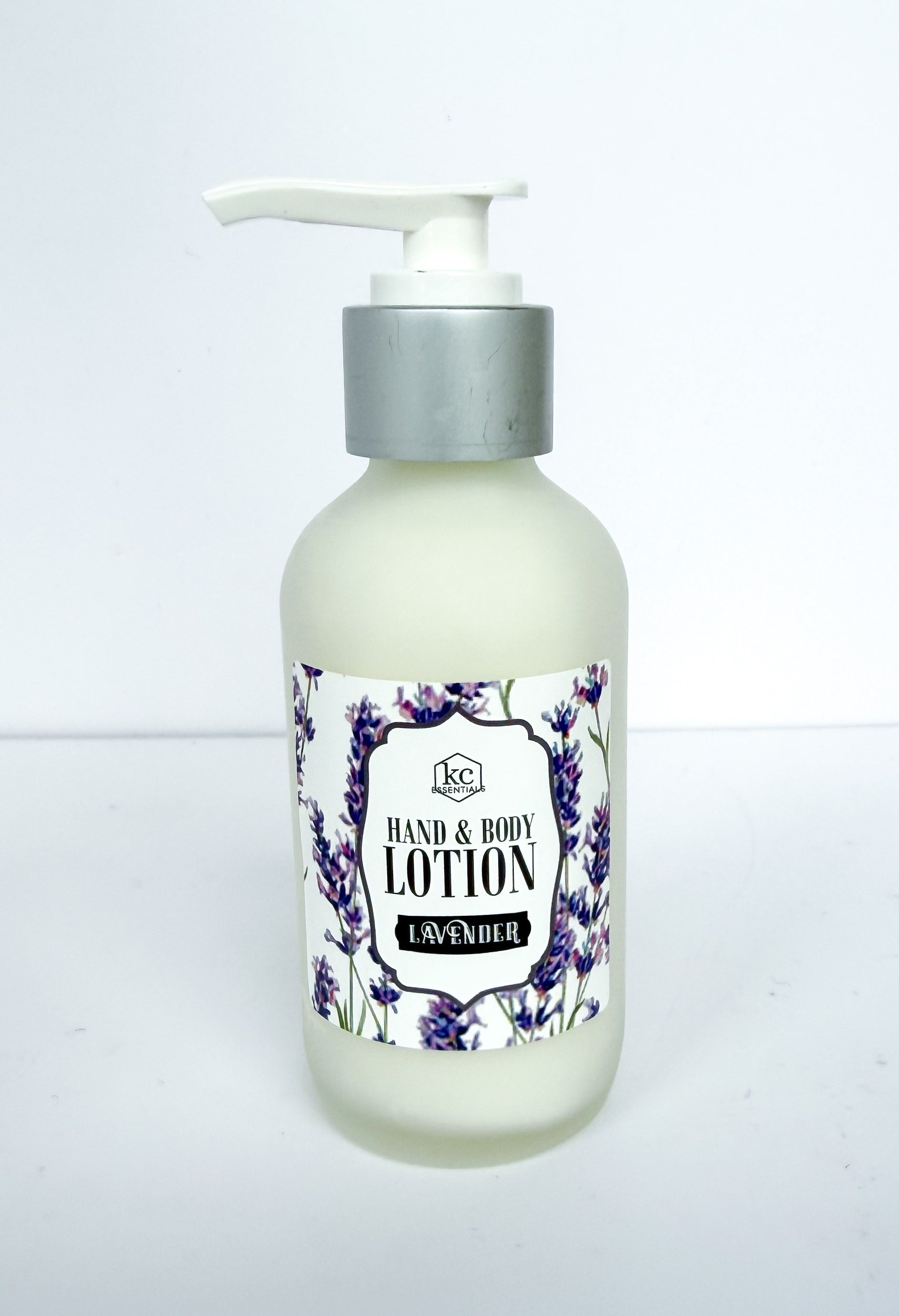hand and body lotion scented in lavender, 4 ounce glass bottles with pump dispenser