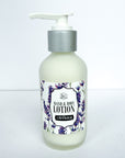 hand and body lotion scented in lavender, 4 ounce glass bottles with pump dispenser