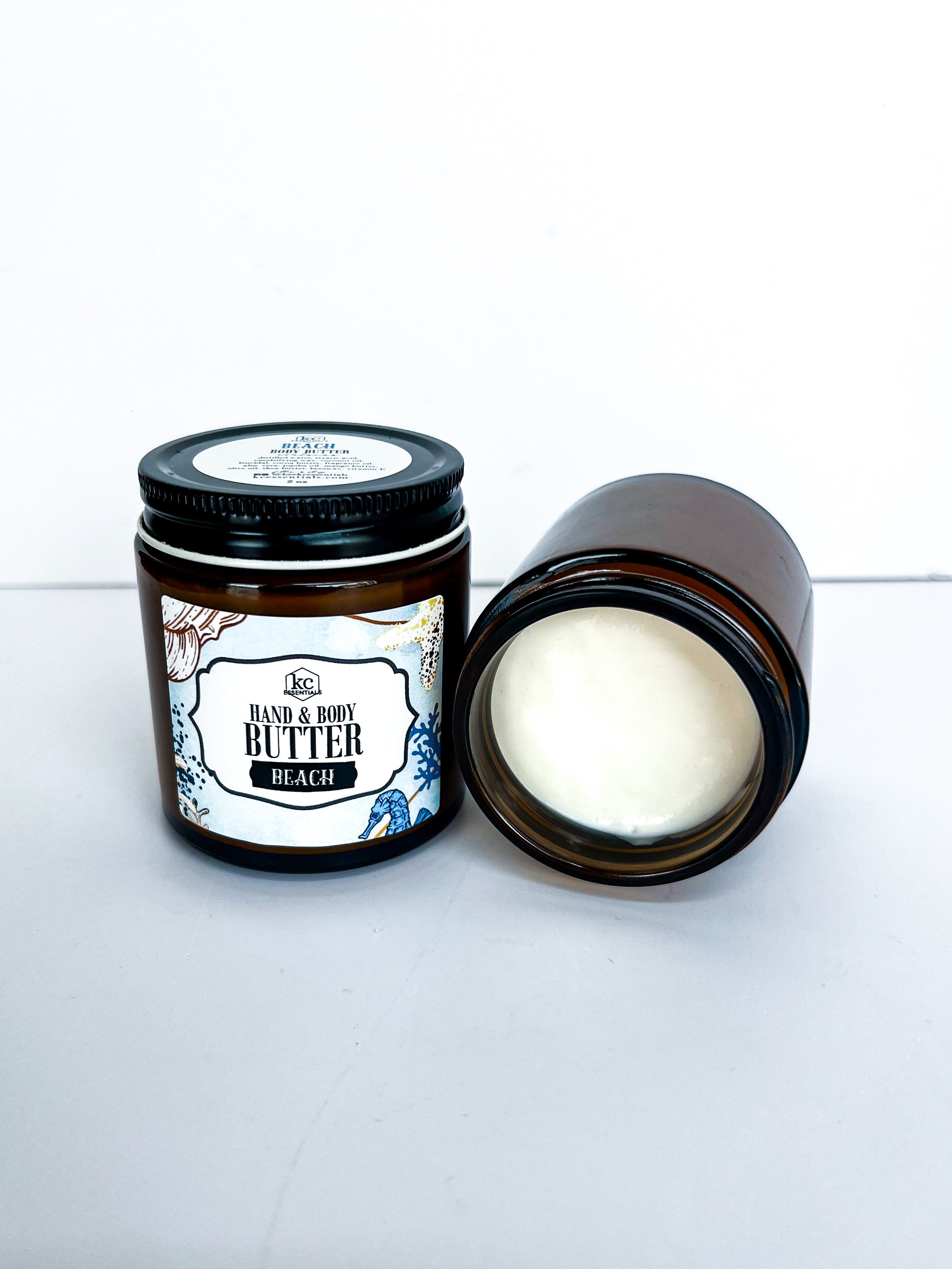Body butter in 4 ounces, glass jars, hand and body butter, available in beach scent.