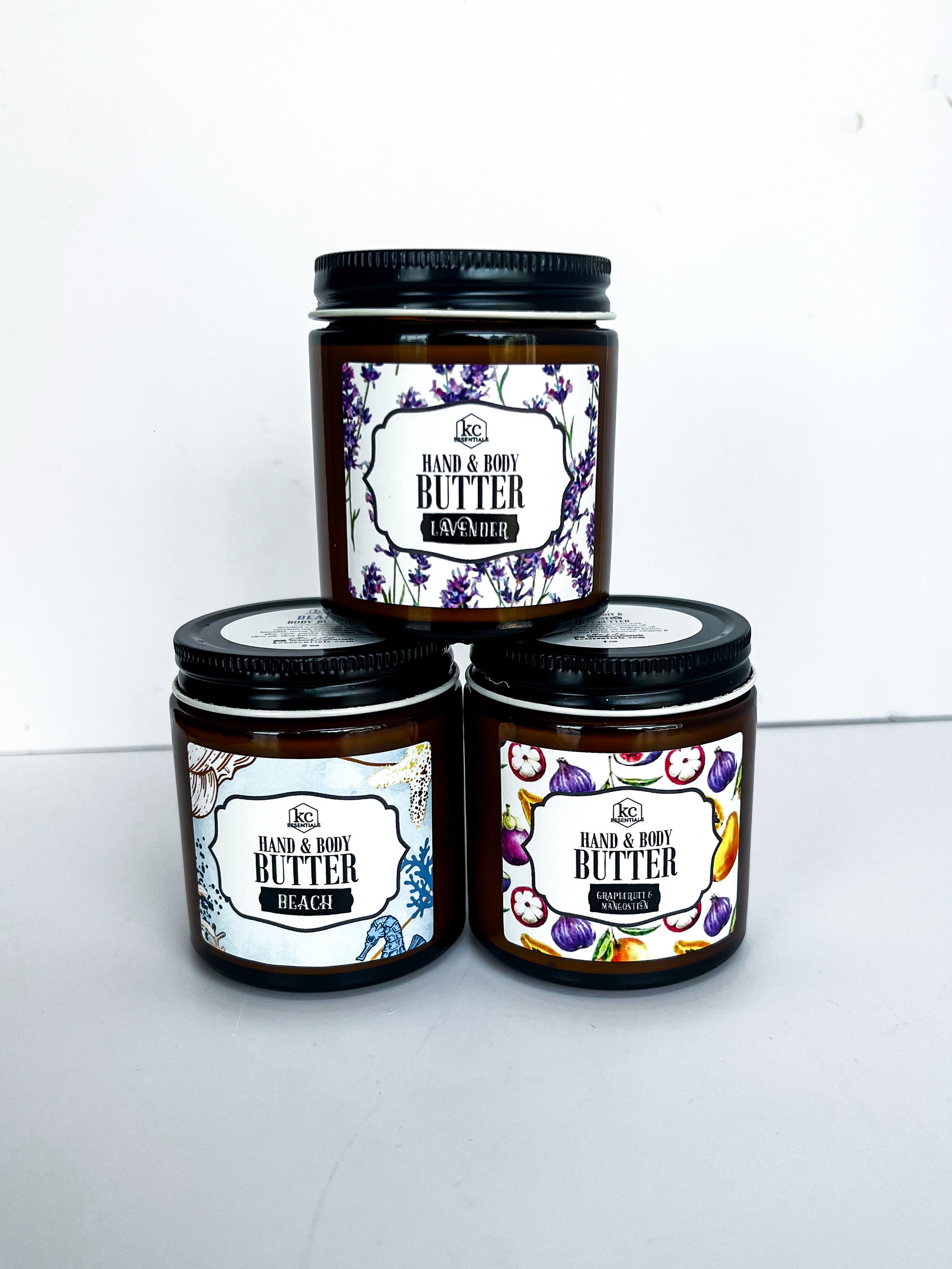 Body butter in 4 ounces, glass jars, hand and body butter, available in lavendar, beach, and grapefruit and mangosteen scent. 