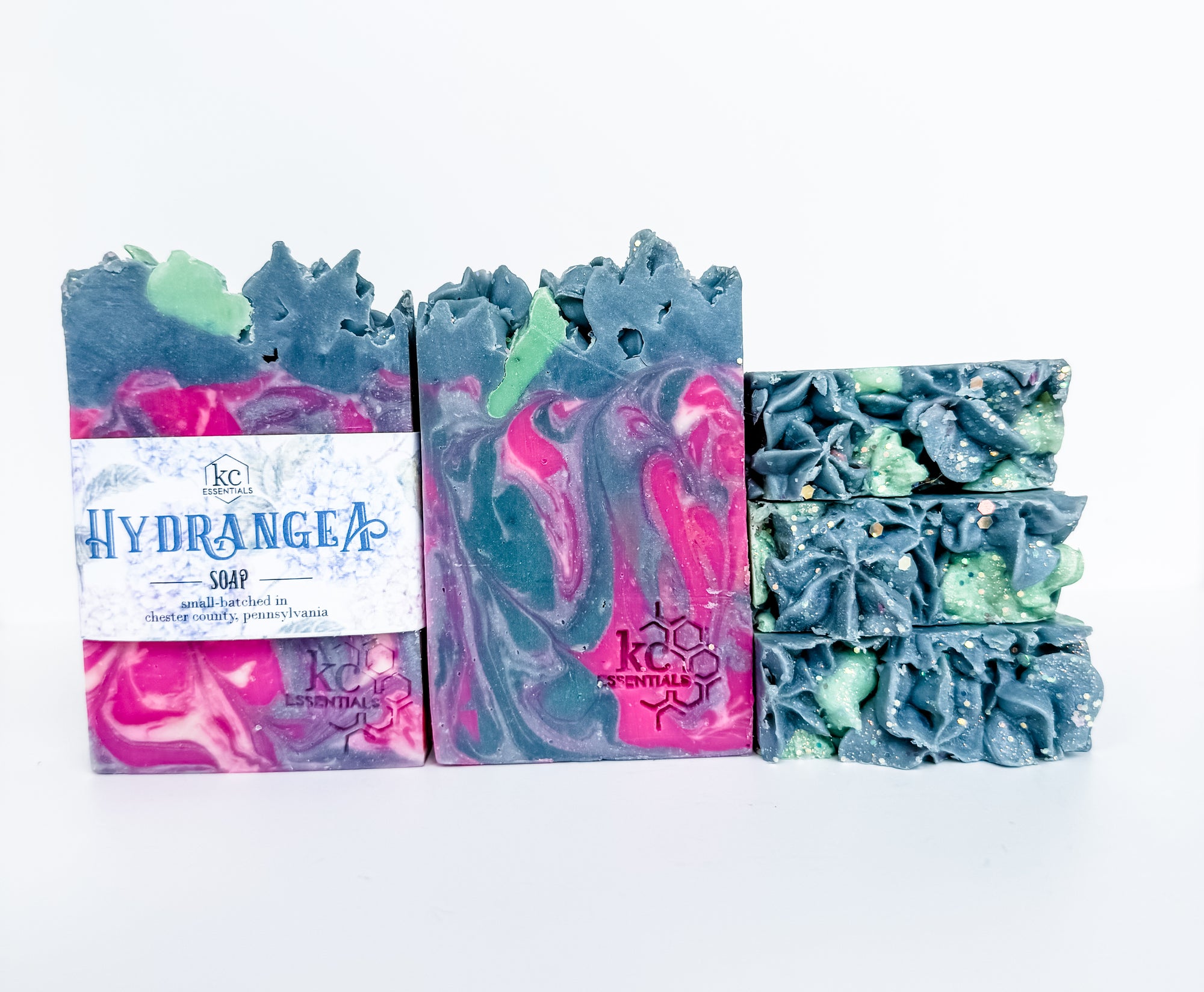 hydrangea soap bar, floral scented soap, all natural, nature made, handcrafted soap bar, handmade, kc essentials, summer, spring soap, body care