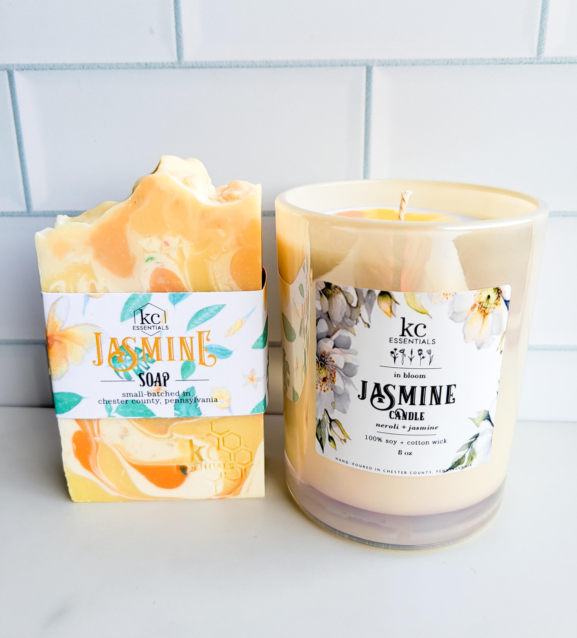 Includes all-natural, handcrafted jasmine soap bar, 5.5 ounces, and jasmine candle, 8 ounces, scented with neroli and jasmine.