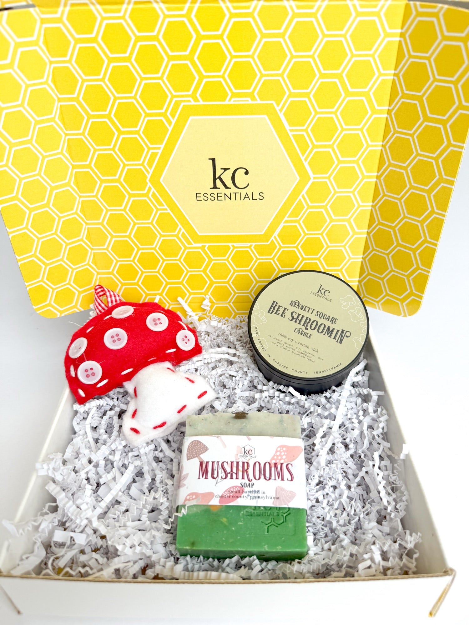 Kennett Square Mushroom gift set includes bee shroomin candle, and handcrafted mushrooms soap bar. Scented with fallen leaves.