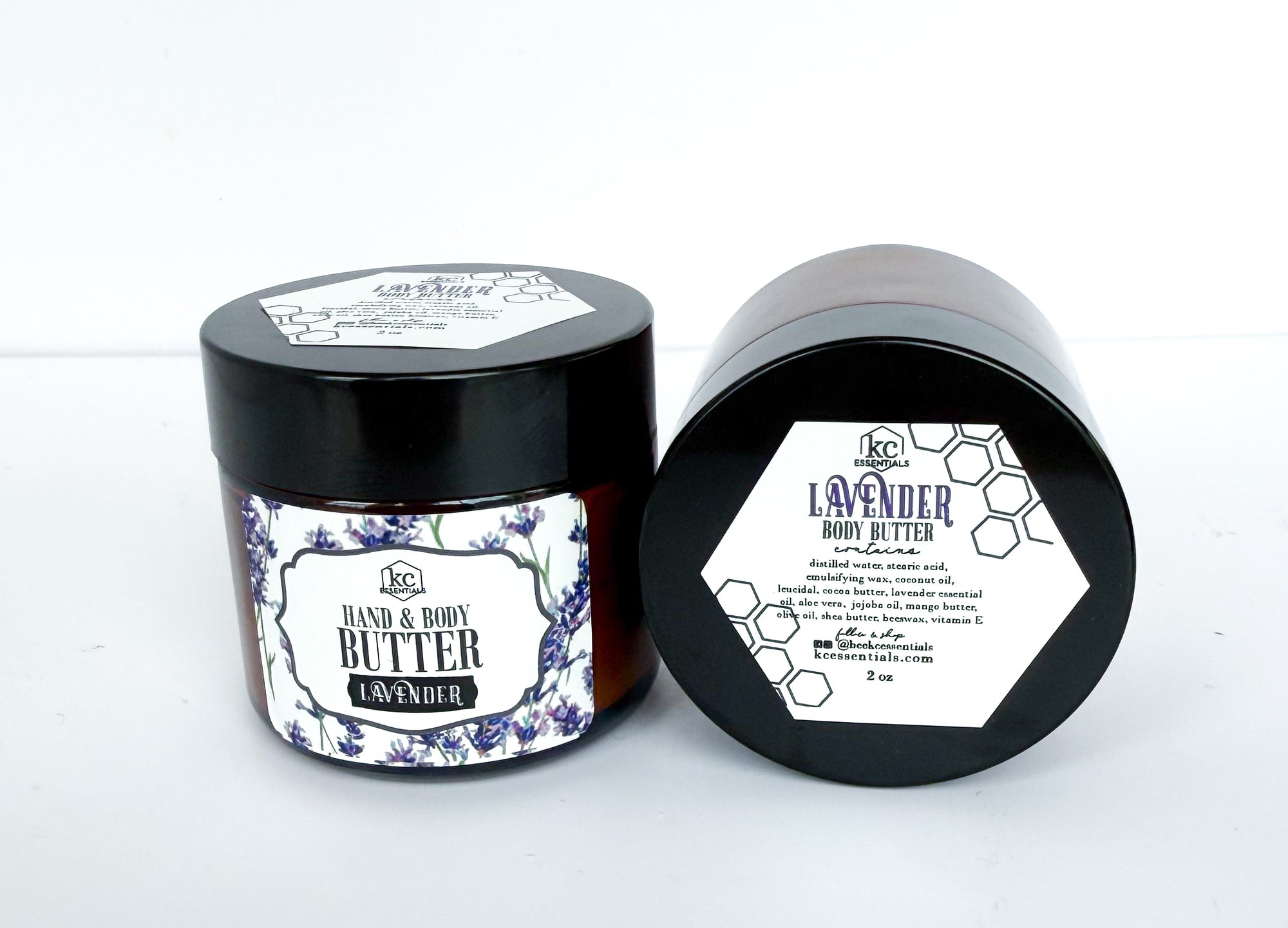 Two jars of lavender hand and body butter on a white background, all natural ingredients