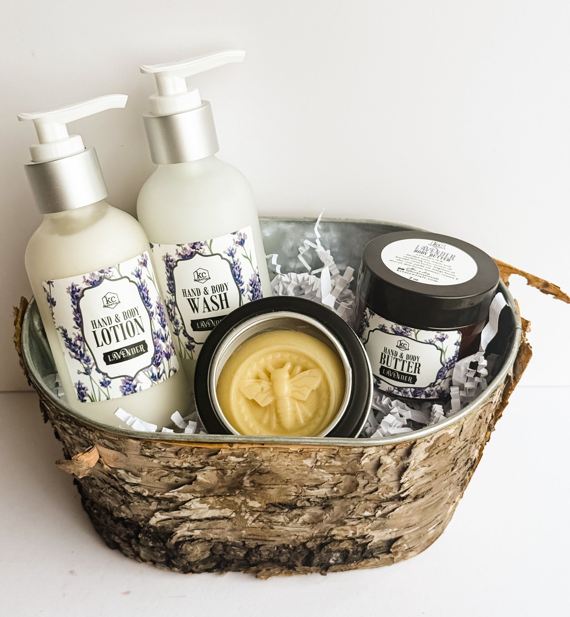 Includes hand and body lotion, hand and body wash, body butter, and lotion bar. All lavender scented. Gift set.