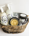 Includes hand and body lotion, hand and body wash, body butter, and lotion bar. All lavender scented. Gift set.