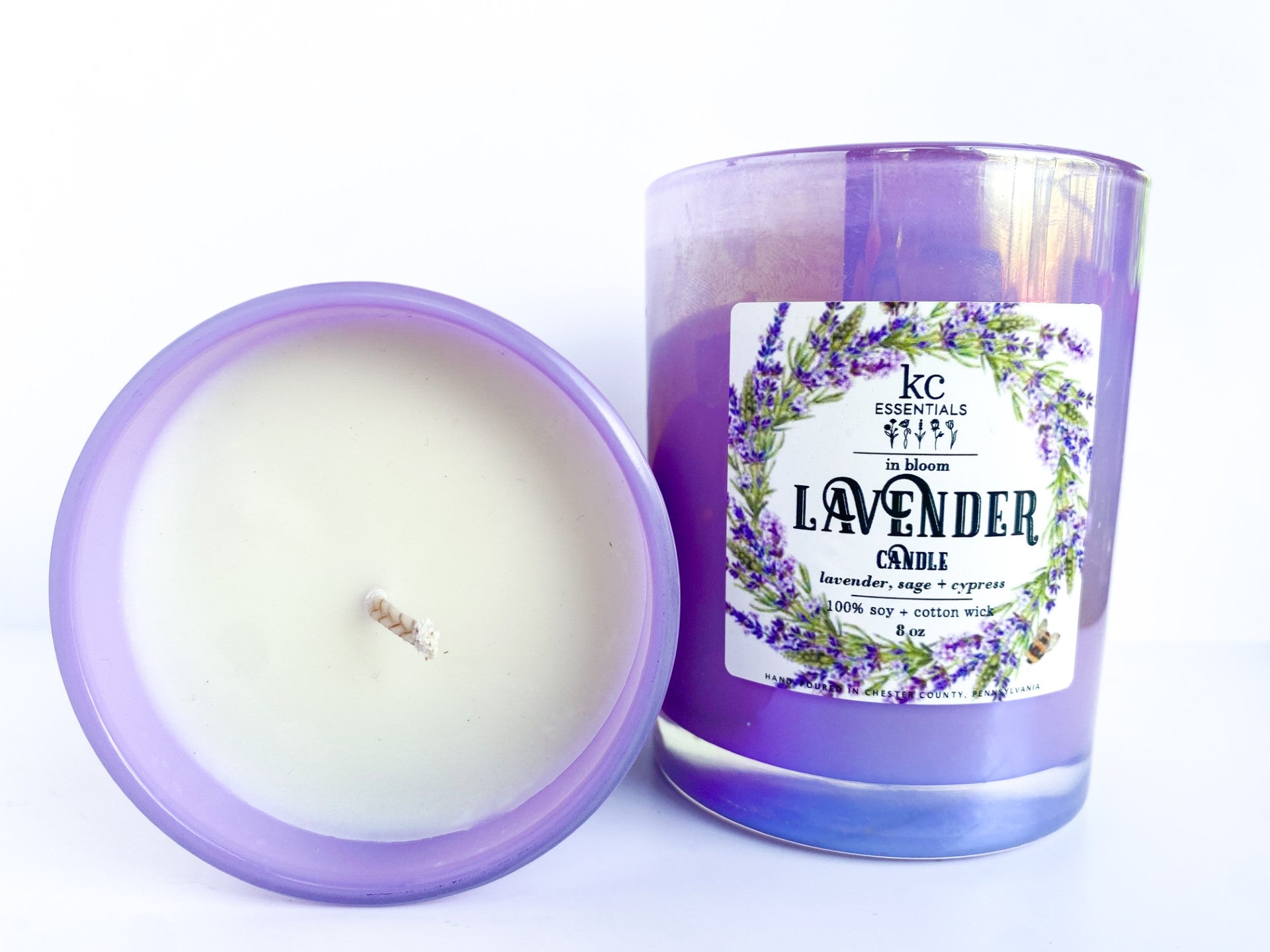 100 percent soy and cotton wick candle, lavender, sage, and cypress scented candle, 8 ounce hand poured candle. 