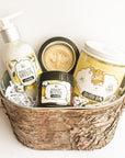 Lemon gift set includes lemon hand and body lotion, body butter, lotion bar, and body scrub. All lemon scented. All natural gift set.