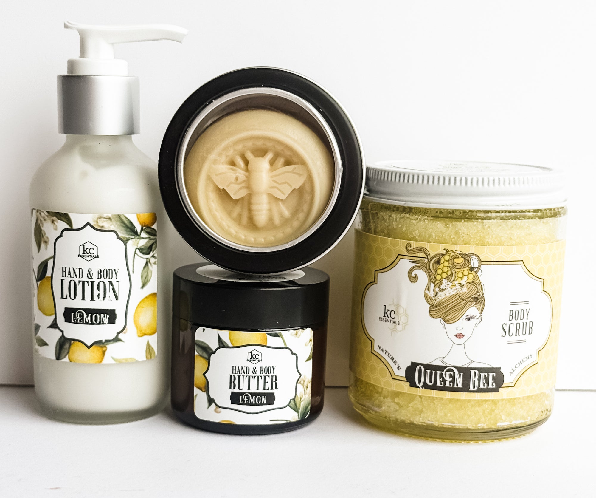 Lemon gift set includes lemon hand and body lotion, body butter, lotion bar, and body scrub. All lemon scented. All natural gift set.