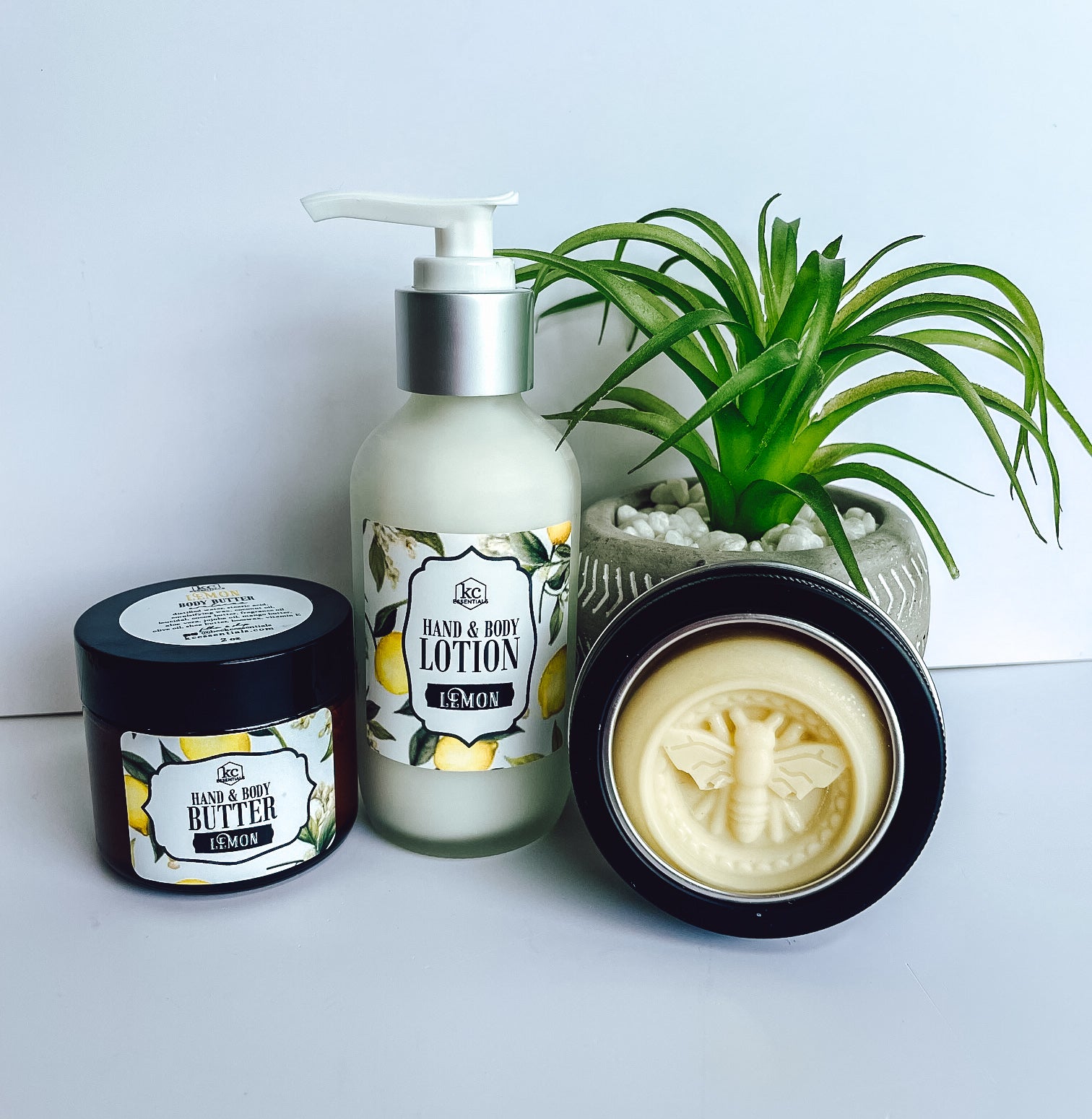 Includes lemon hand and body butter, hand and body lotion, and bee lotion bar.