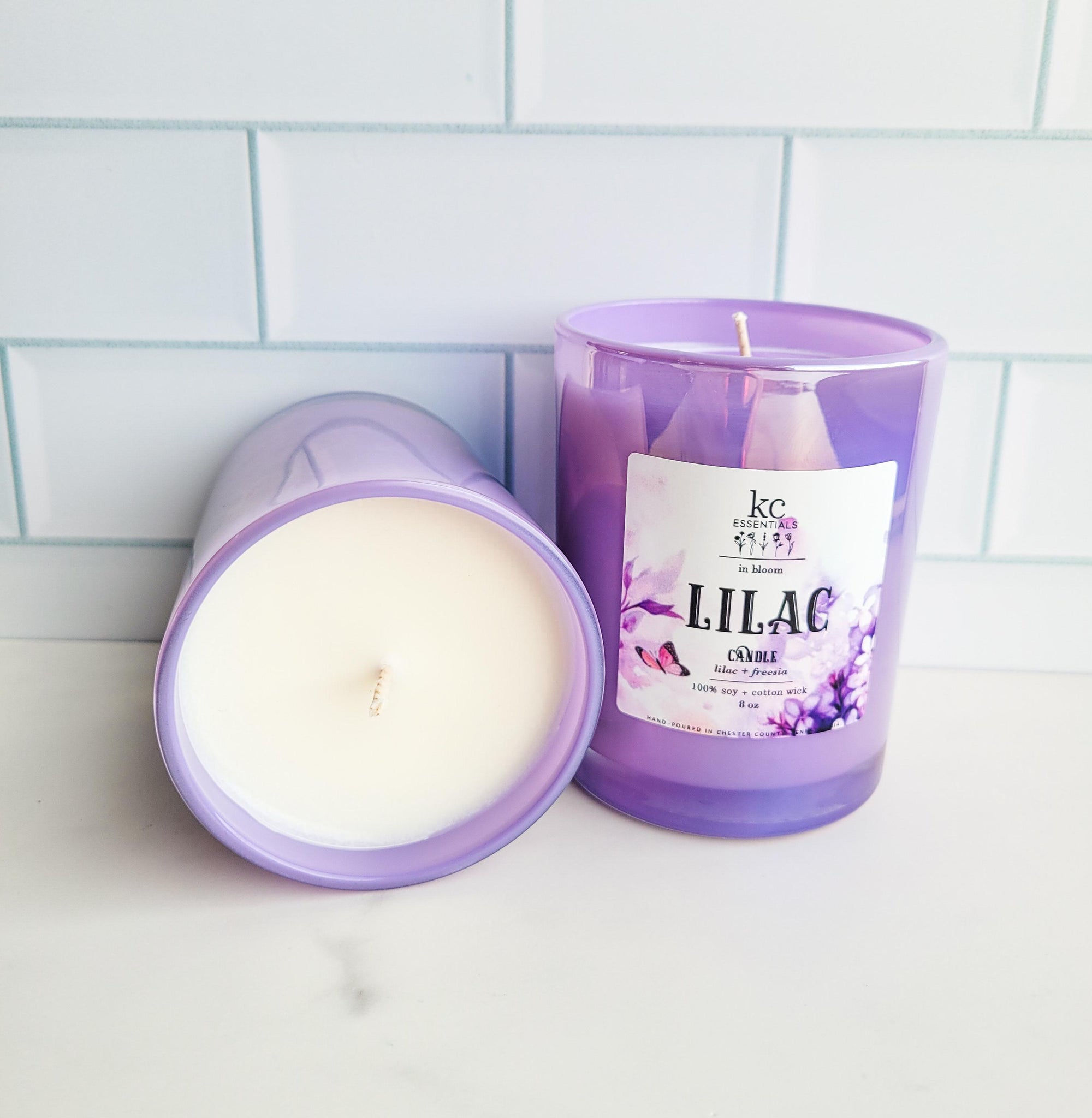 100 percent soy and cotton wick candle, lilac and frecsia scented candle, 8 ounce hand poured candle. 