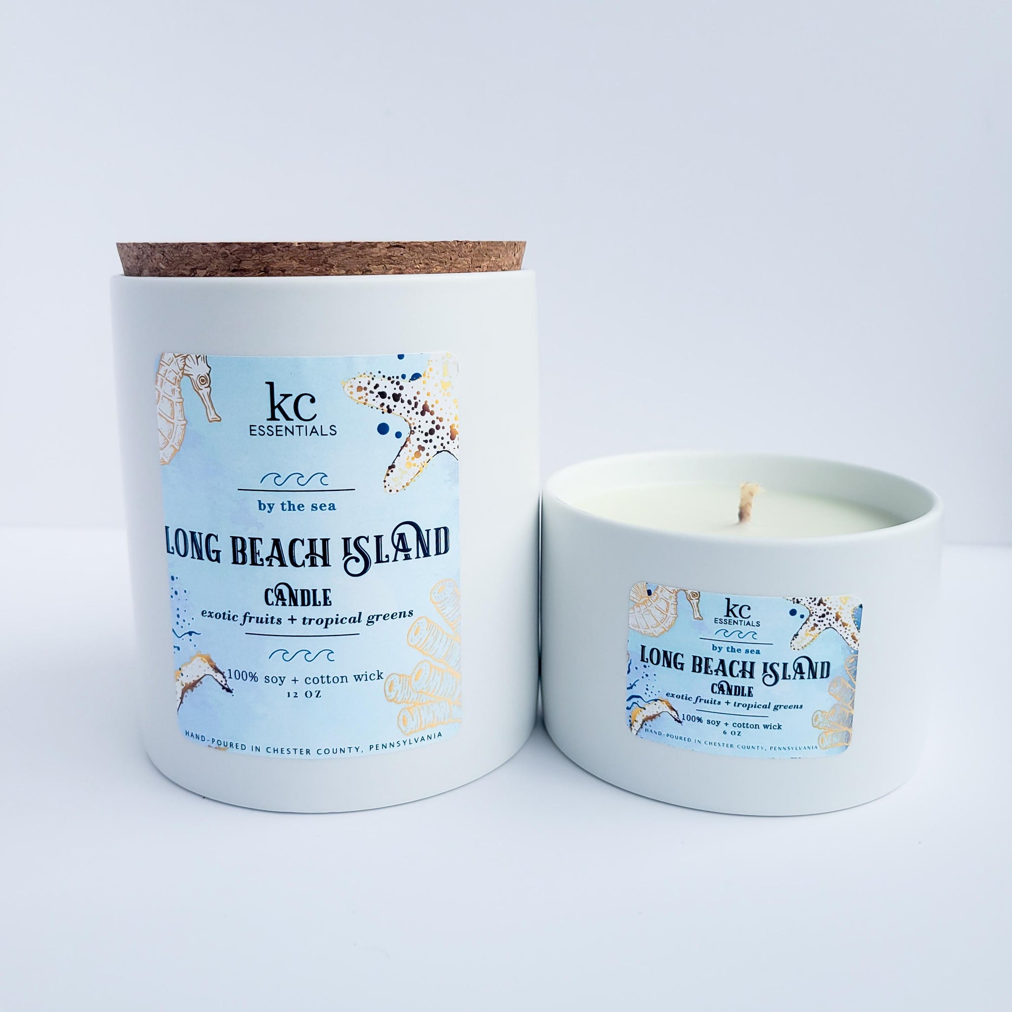 Long Beach Island Jersey Shore Candle made with 100 percent soy, includes cork lid.