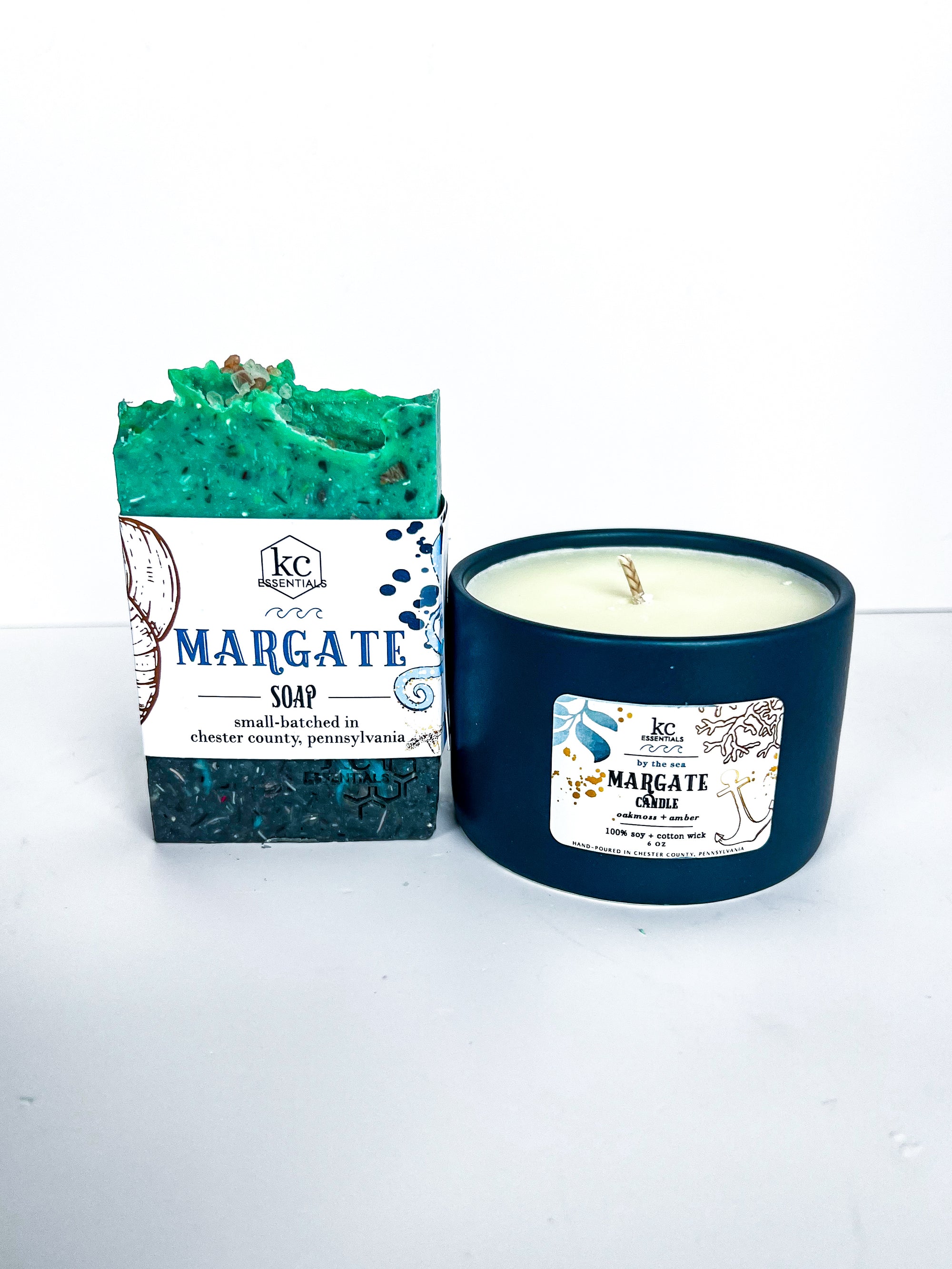 Margate beach town gift set, Margate soap bar, Margate candle, 100% soy wax candle, all natural ingredients, beach towns, new jersey, the jersey shore, beaches, summer vacation, gift ideas, handcrafted soap bar, handmade, homemade, beach scents, summer, navy blue vessel, blue candle