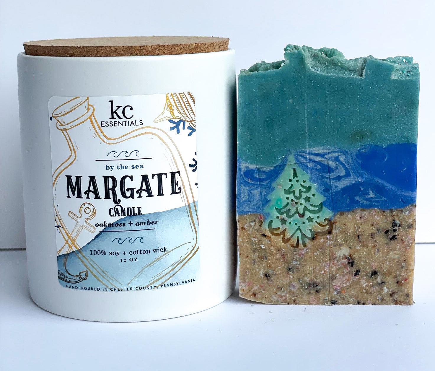 Margate christmas beach gift set includes handcrafted christmas on the beach soap bar, 5.5 ounces, margate candle, 12 ounces, scented with oakmoss and amber.