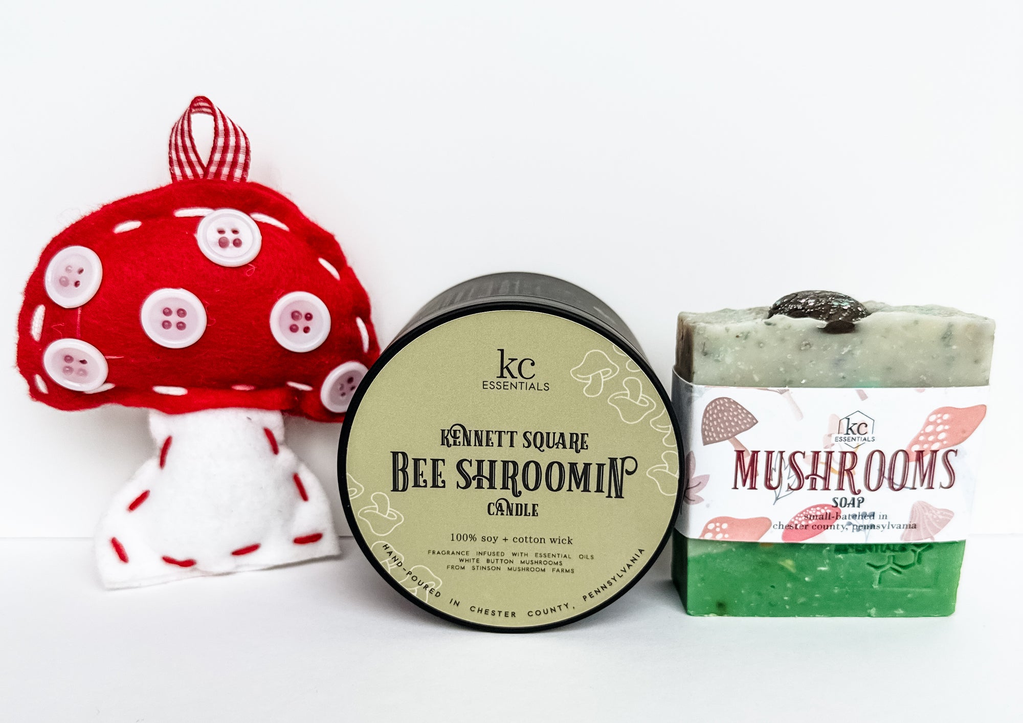 Kennett Square Mushroom gift set includes bee shroomin candle, and handcrafted mushrooms soap bar. Scented with fallen leaves.