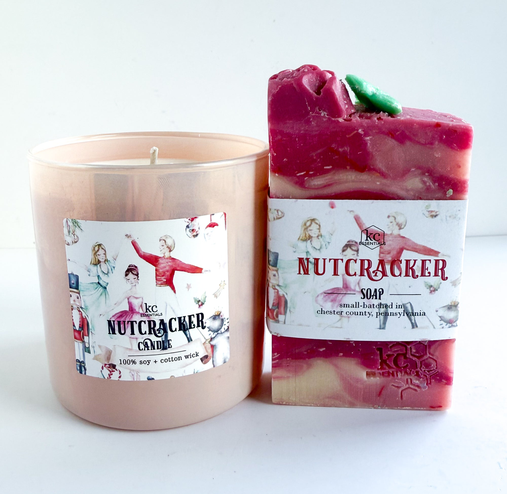 Candle and soap with Nutcracker design on a white background, Rose pink soap, light pink candle, floral scent, christmas candle and soap, gift set, handcrafted bar soap, soy candle, 100% soy candle, christmas gift ideas
