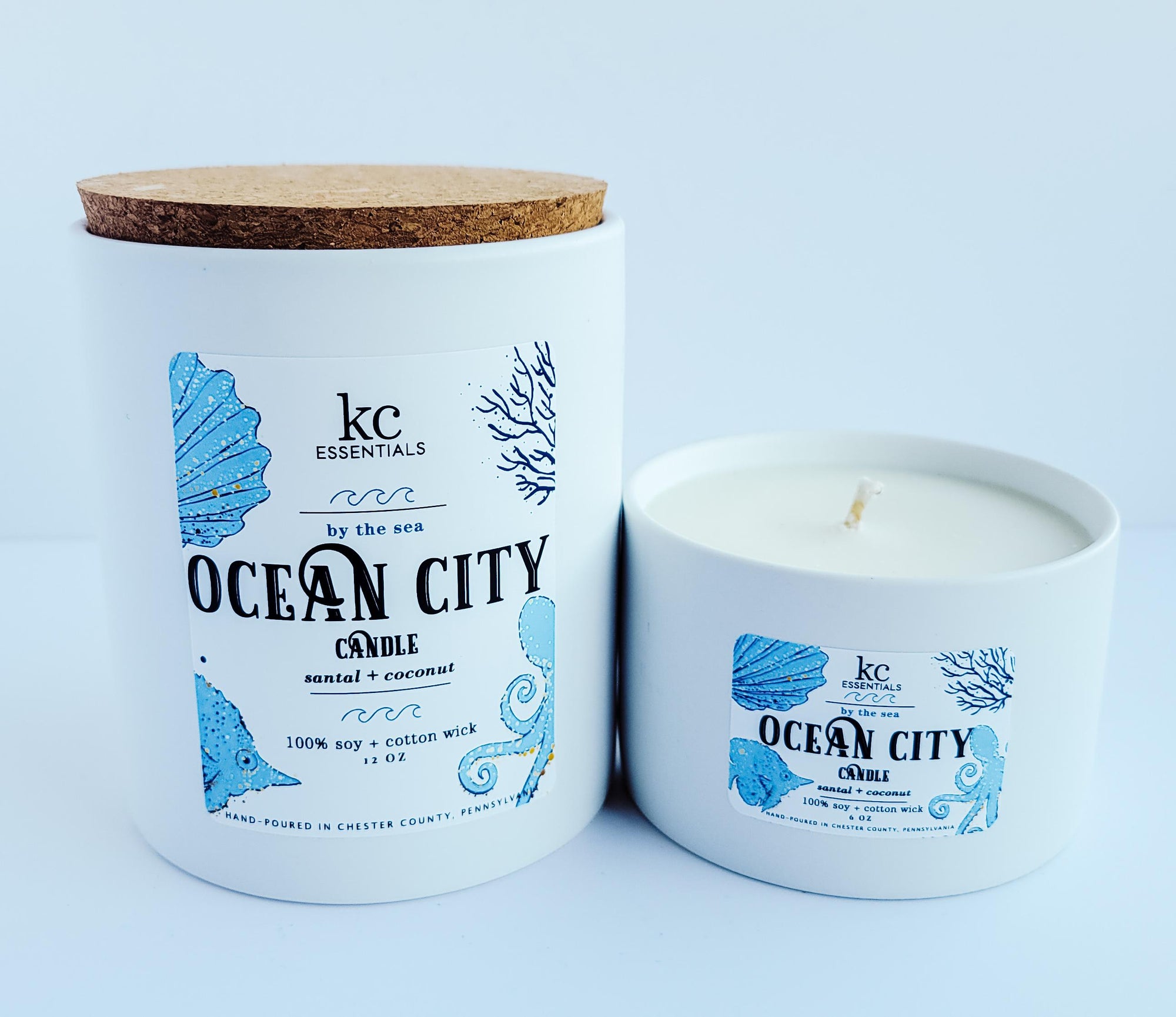 Ocean City Beach 12 ounce candle made with 100 percent soy, includes cork lid.