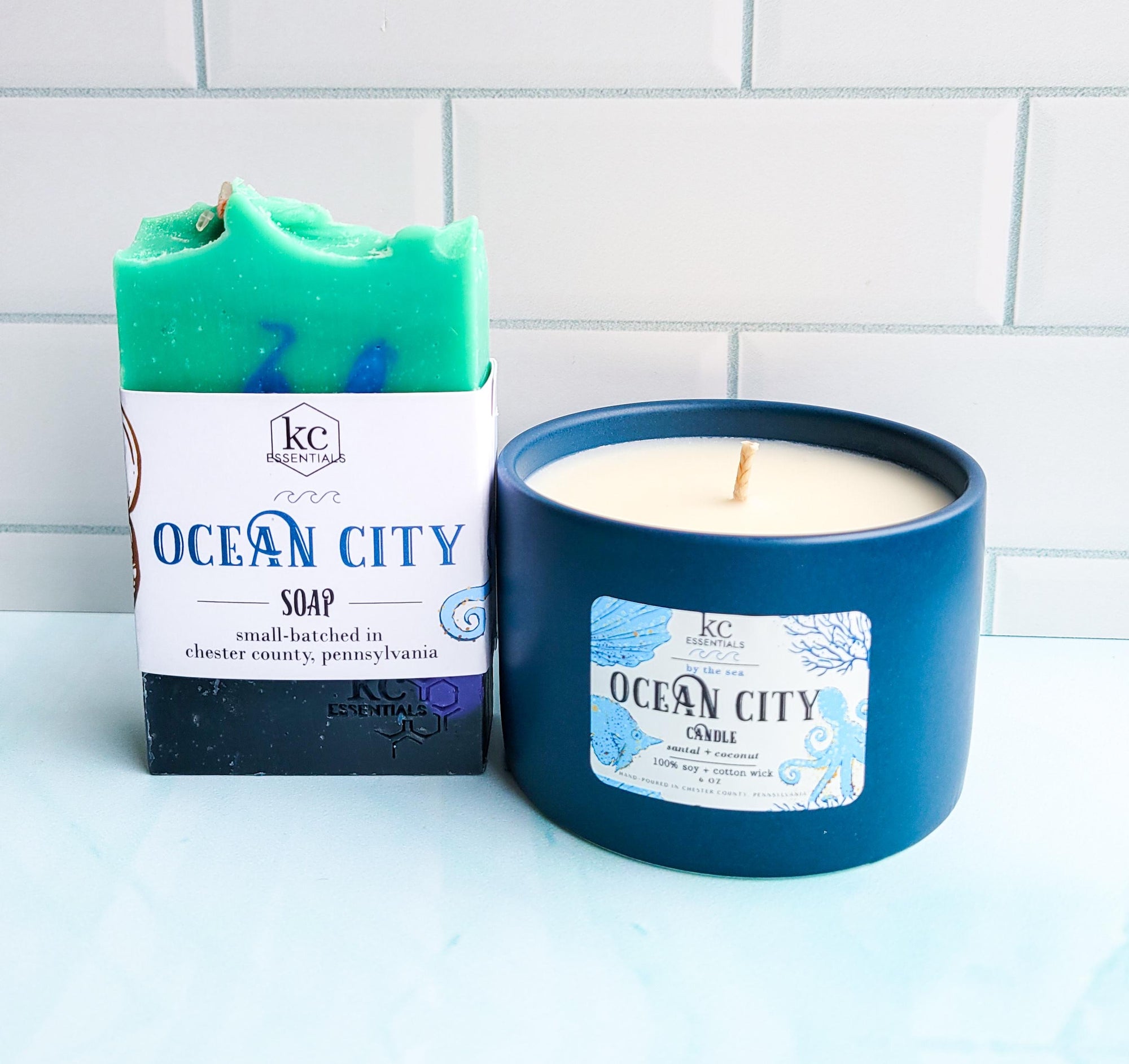 Includes all-natural, handcrafted ocean city bar soap and Ocean City beach 6 ounce soy candle, scented with santal and coconut.