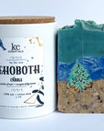 Rehoboth christmas beach gift set includes handcrafted christmas on the beach soap bar, 5.5 ounces, Rehoboth candle, 12 ounces, scented with exotic fruit and tropical greens.