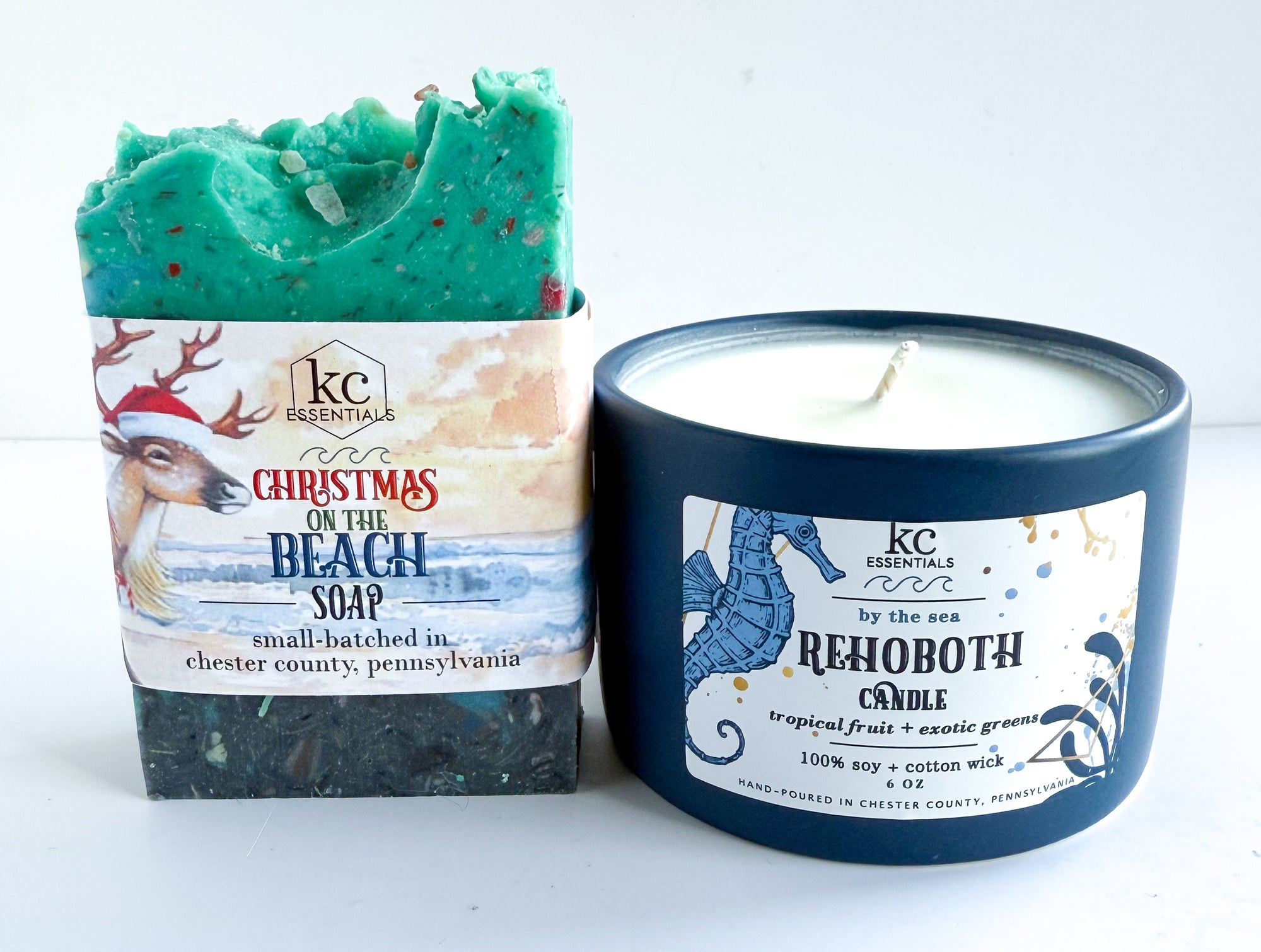 Rehoboth Christmas candle and soap set, christmas gift ideas, 6 ounce candle, 100% soy candle, handcrafted soap bar, beach scented, holiday gift ideas, festive