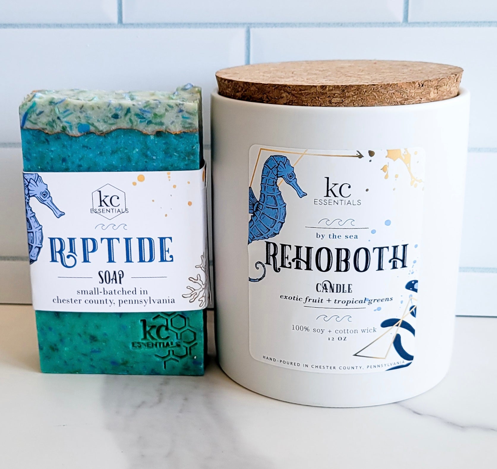 Includes all-natural, handcrafted riptide bar soap and Rehoboth beach 12 ounce soy candle, Scented with exotic fruit and tropical greens.