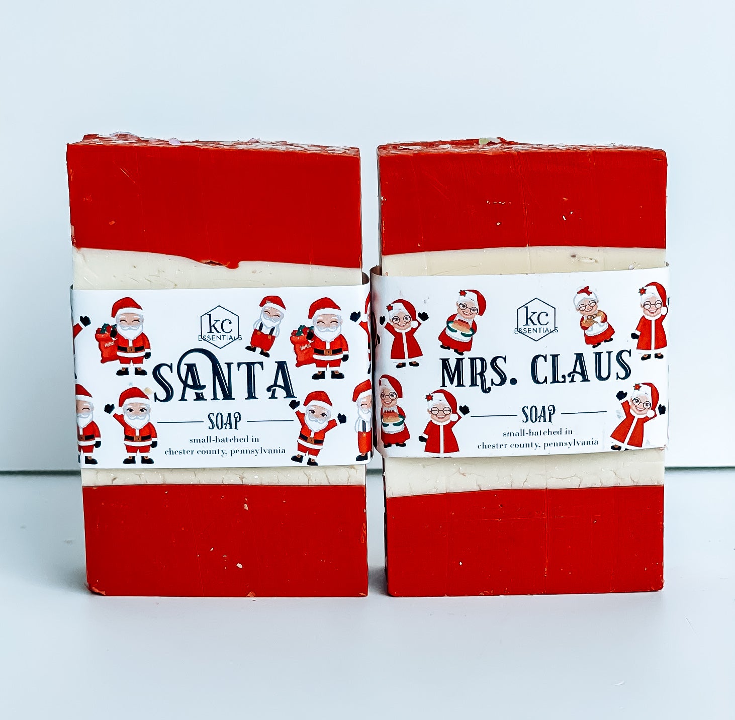 Mrs. Claus and Santa handcrafted soap bar set, 5.5 ounces, christmas scented soap. Includes handcrafted santa soap and Mrs. Claus soap.