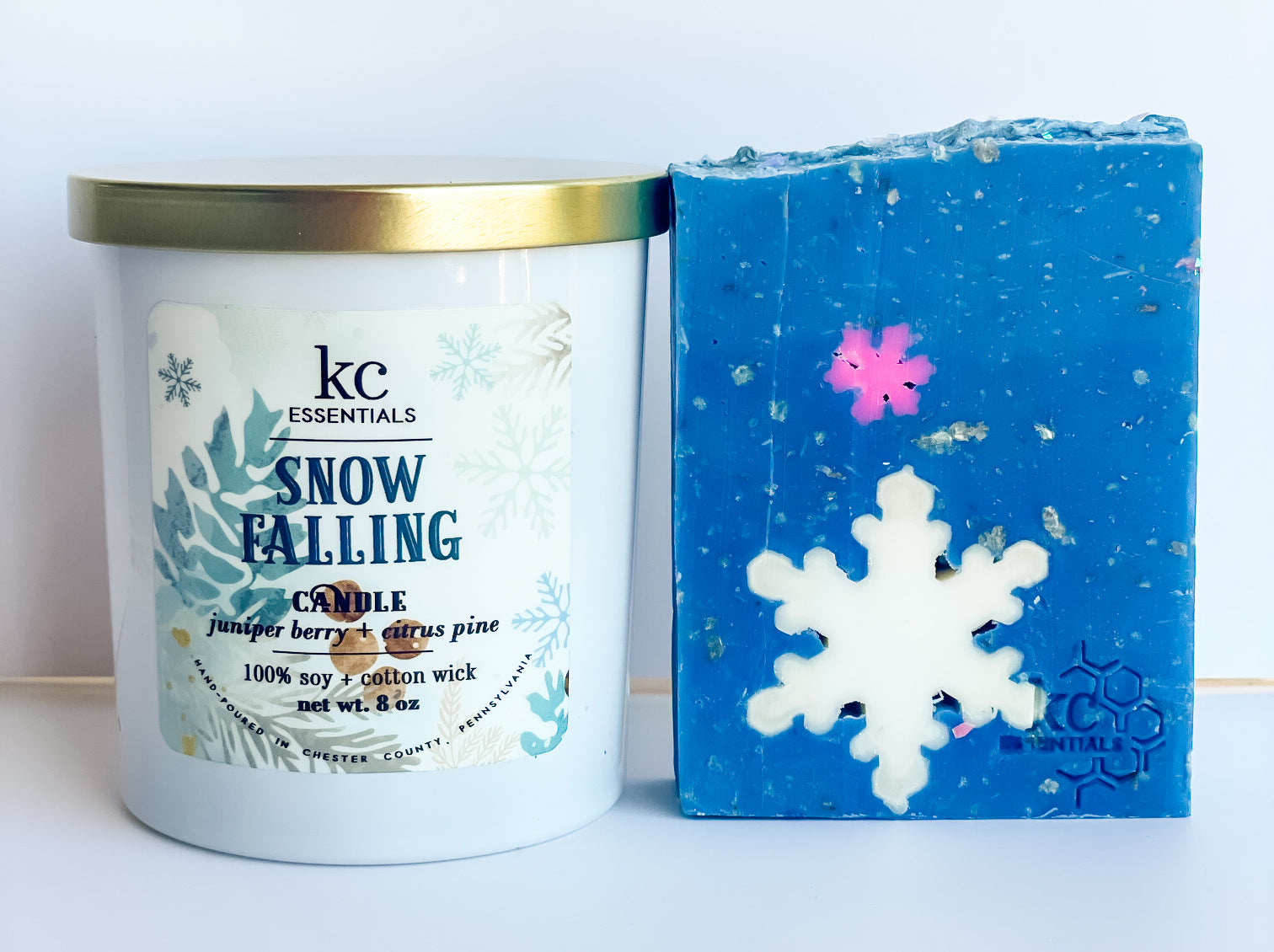 Snow Falling gift set, includes snowflakes handcrafted bar soap, and snow falling 100 percent soy candle, christmas gift set.