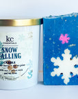 Snow Falling gift set, includes snowflakes handcrafted bar soap, and snow falling 100 percent soy candle, christmas gift set.