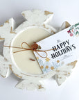 wooden wick dough bowl candle, snowflake shaped, 100 percent soy candle, happy holidays, christmas themed candle, scented with peppermint and eucalyptus.