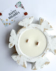 wooden wick dough bowl candle, snowflake shaped, 100 percent soy candle, happy holidays, christmas themed candle, scented with peppermint and eucalyptus.