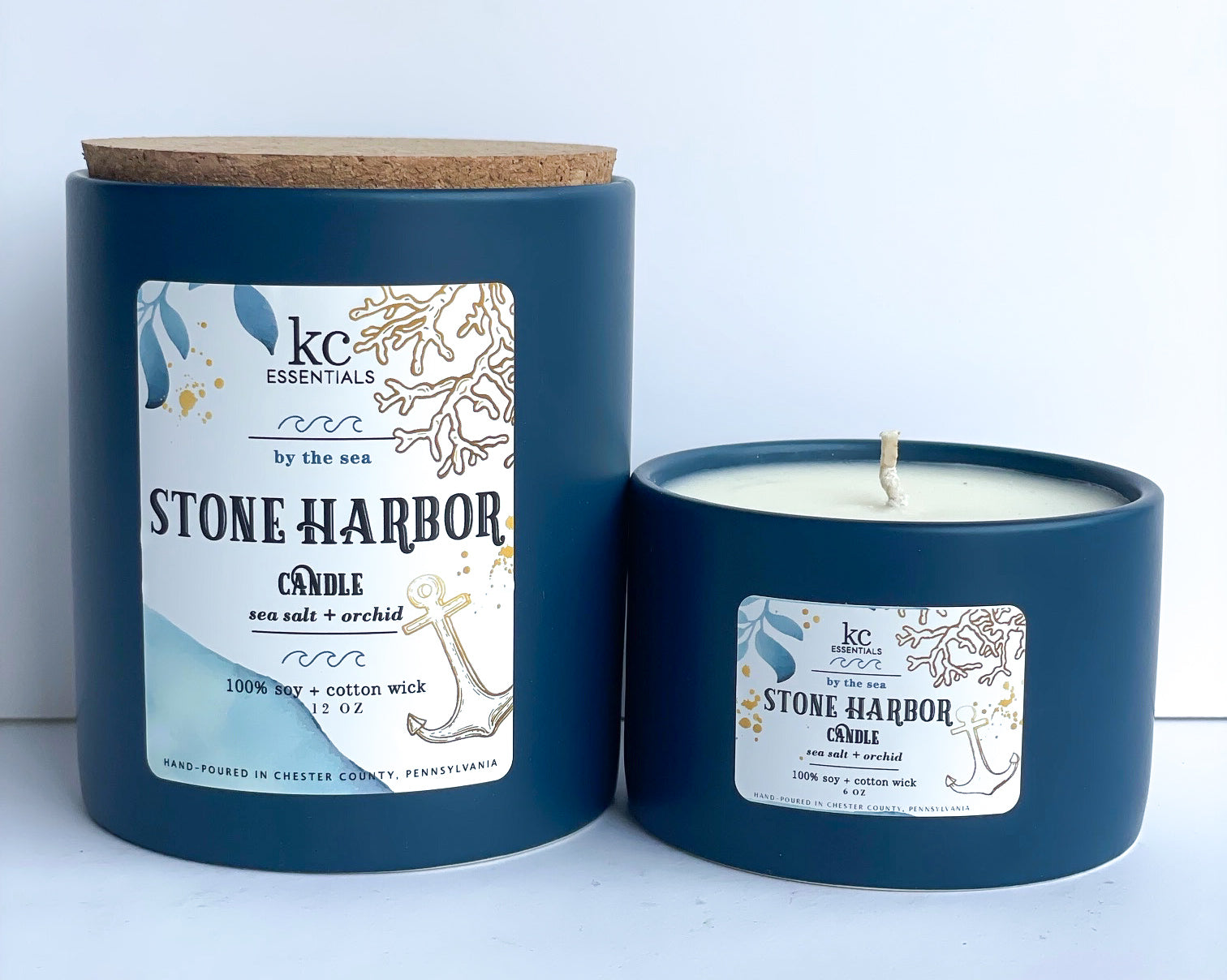 Stone Harbor Candle available in 12 and 6 ounce, scented with sea salt and orchid, navy candle vessels.