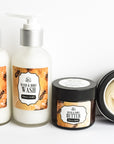 Amber and honey gift set includes hand and body lotion, hand and body wash, body butter, and lotion bar. All amber and honey scented. All natural gift set.