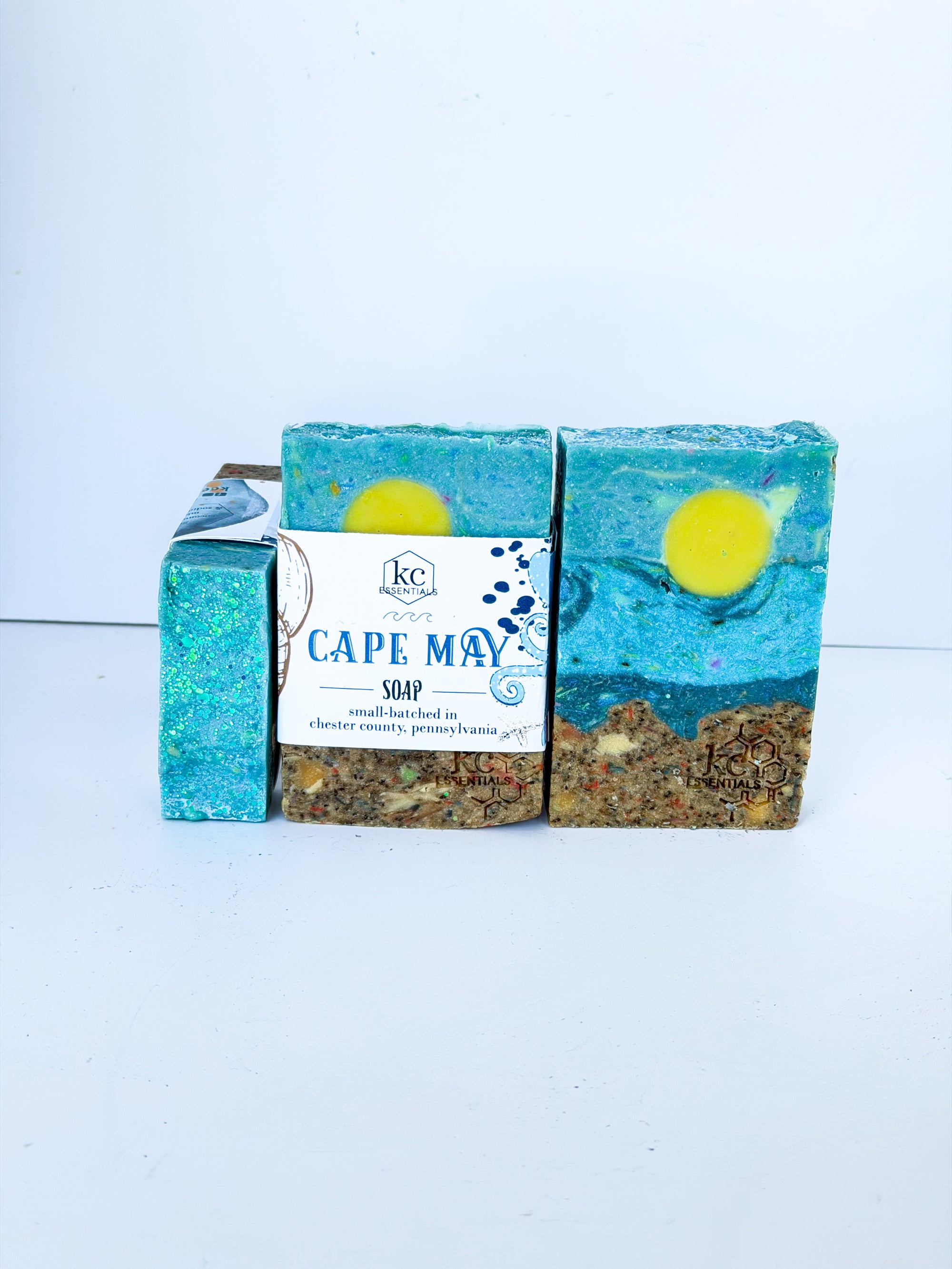 handcrafted bars of soap with different beach town names of delaware, new jersey, and maryland beaches. made with all natural ingredients